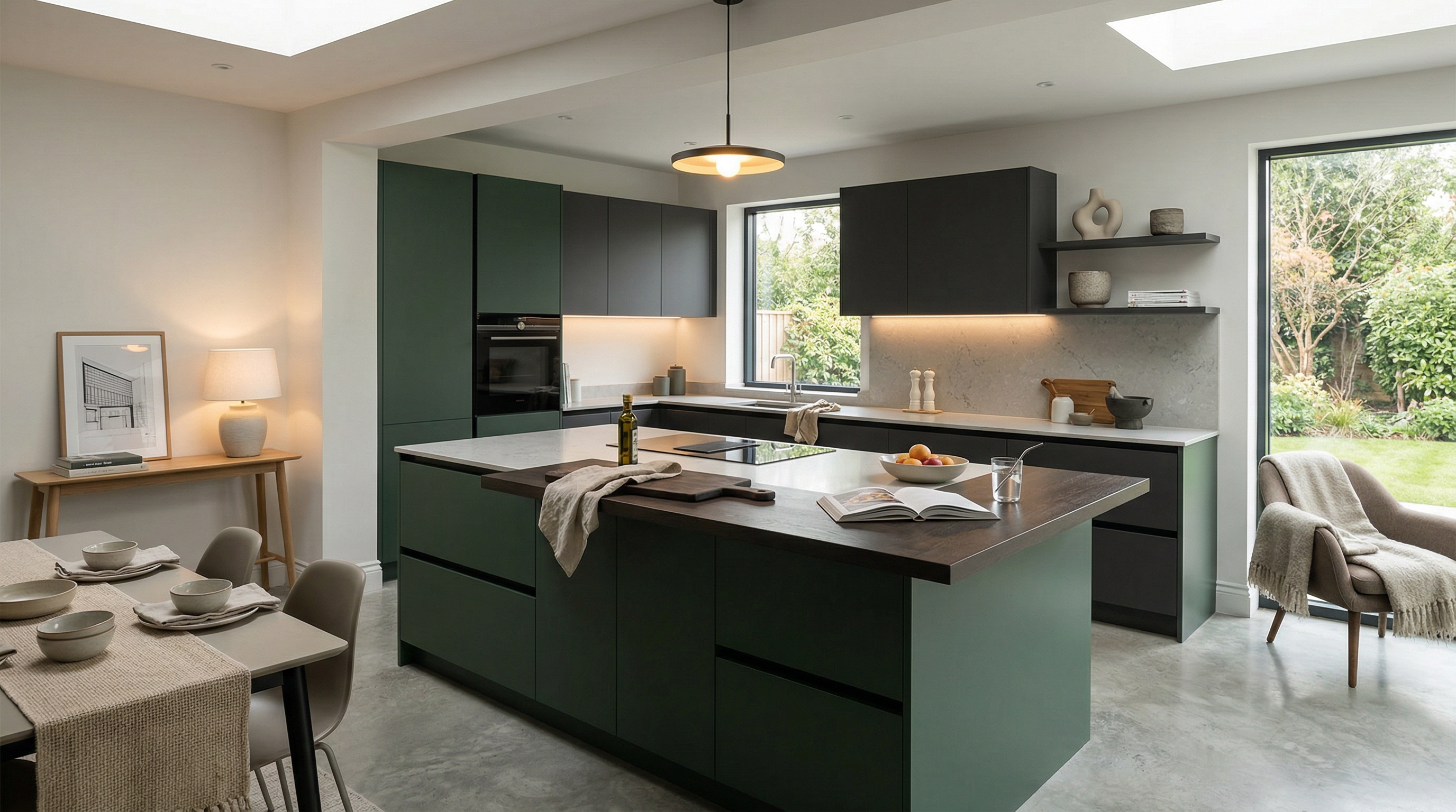 Mastercraft bespoke kitchen in Troedyrhiw, wide architectural view showing room volume and design quality