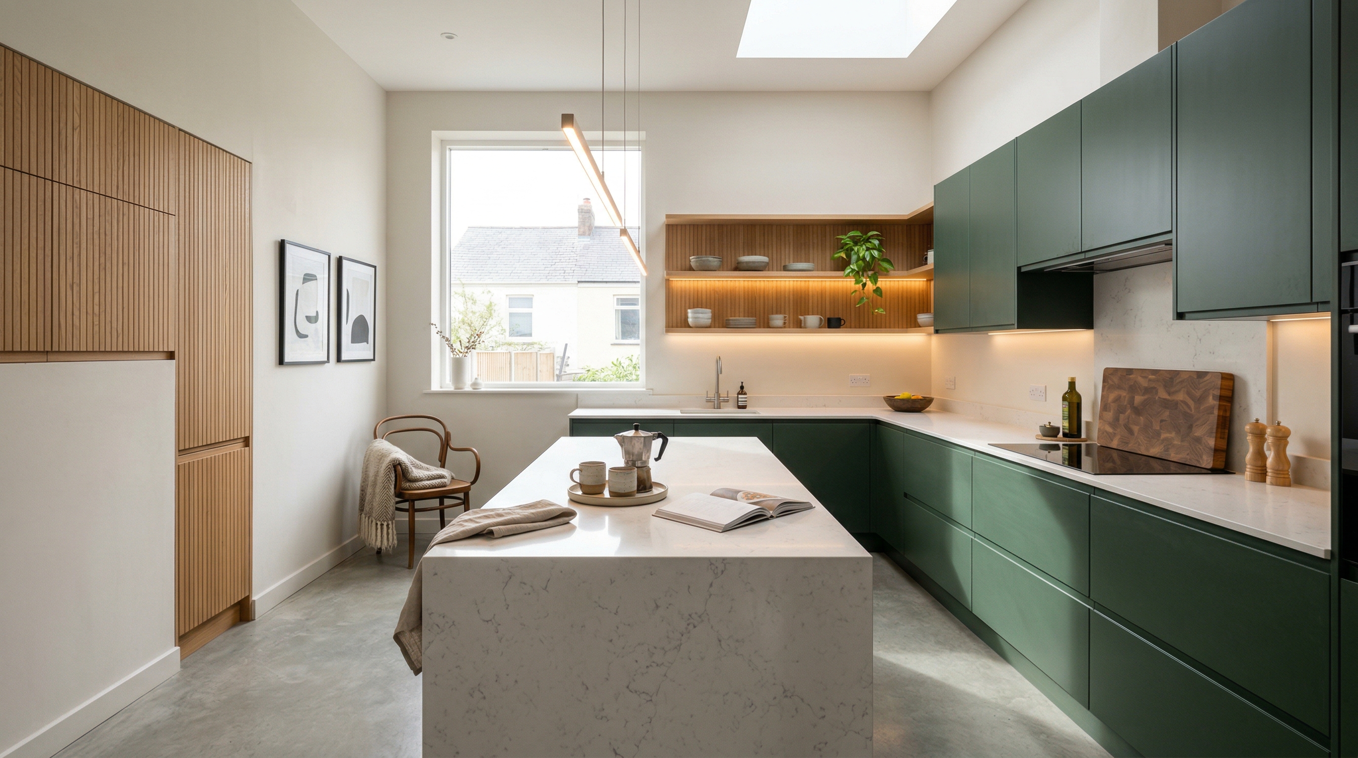 hero_1200x675 Wide view of a newly completed bespoke Mastercraft kitchen, matt painted handleless slab cabinetry in slate blue tones