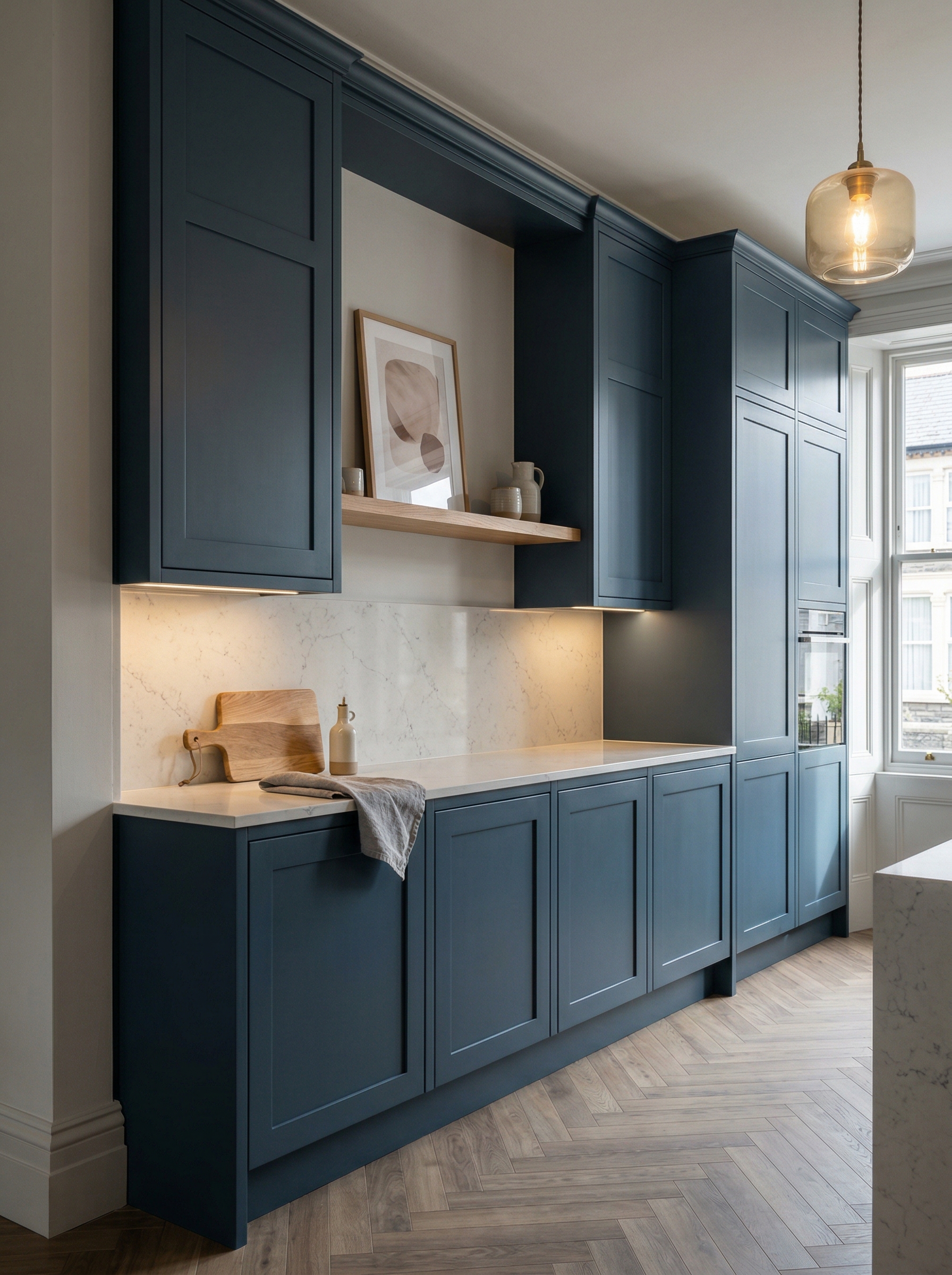 Tall view of full-height bespoke kitchen cabinetry, matt painted handleless slab cabinetry