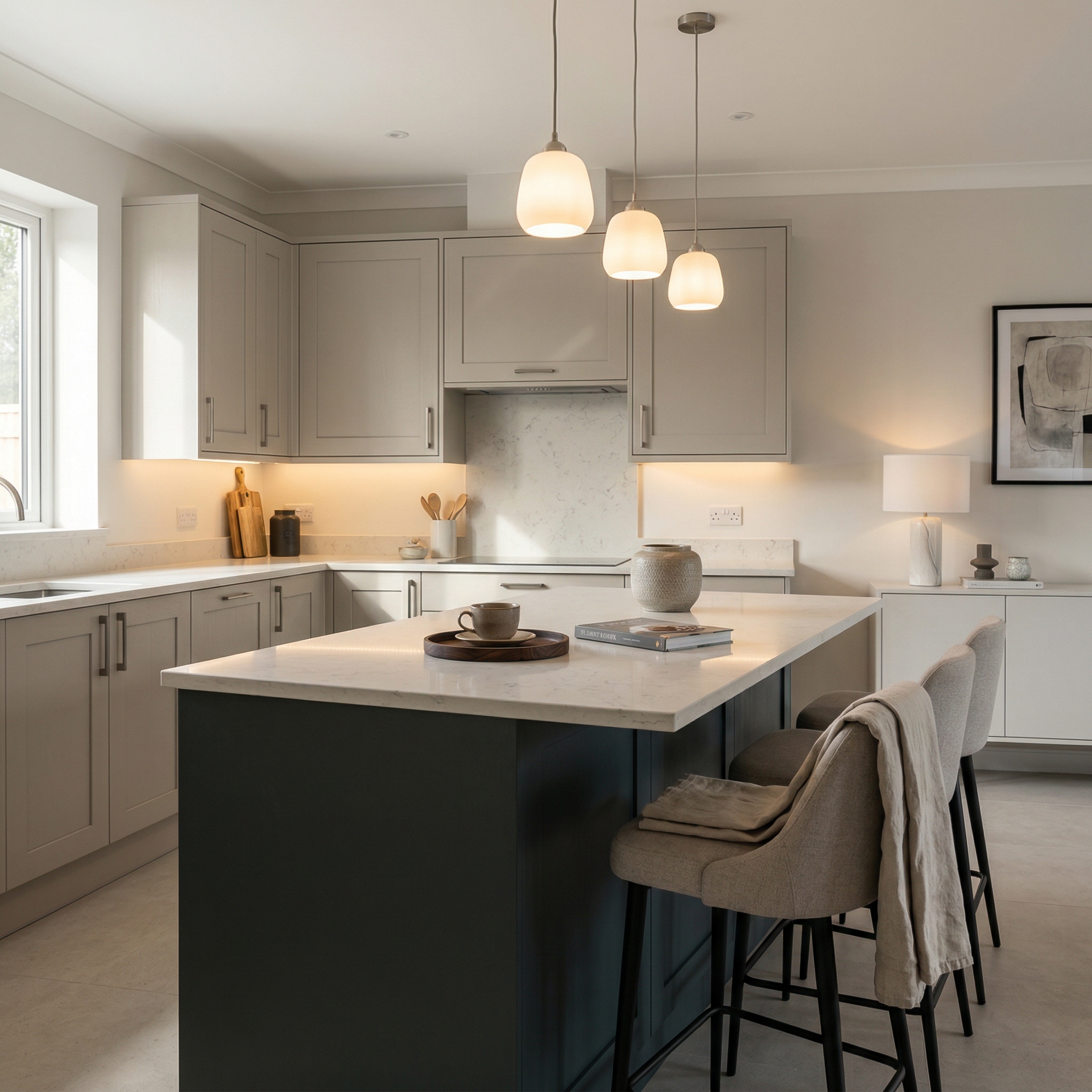 Bespoke kitchen island detail, matt painted handleless slab cabinetry with quality joinery