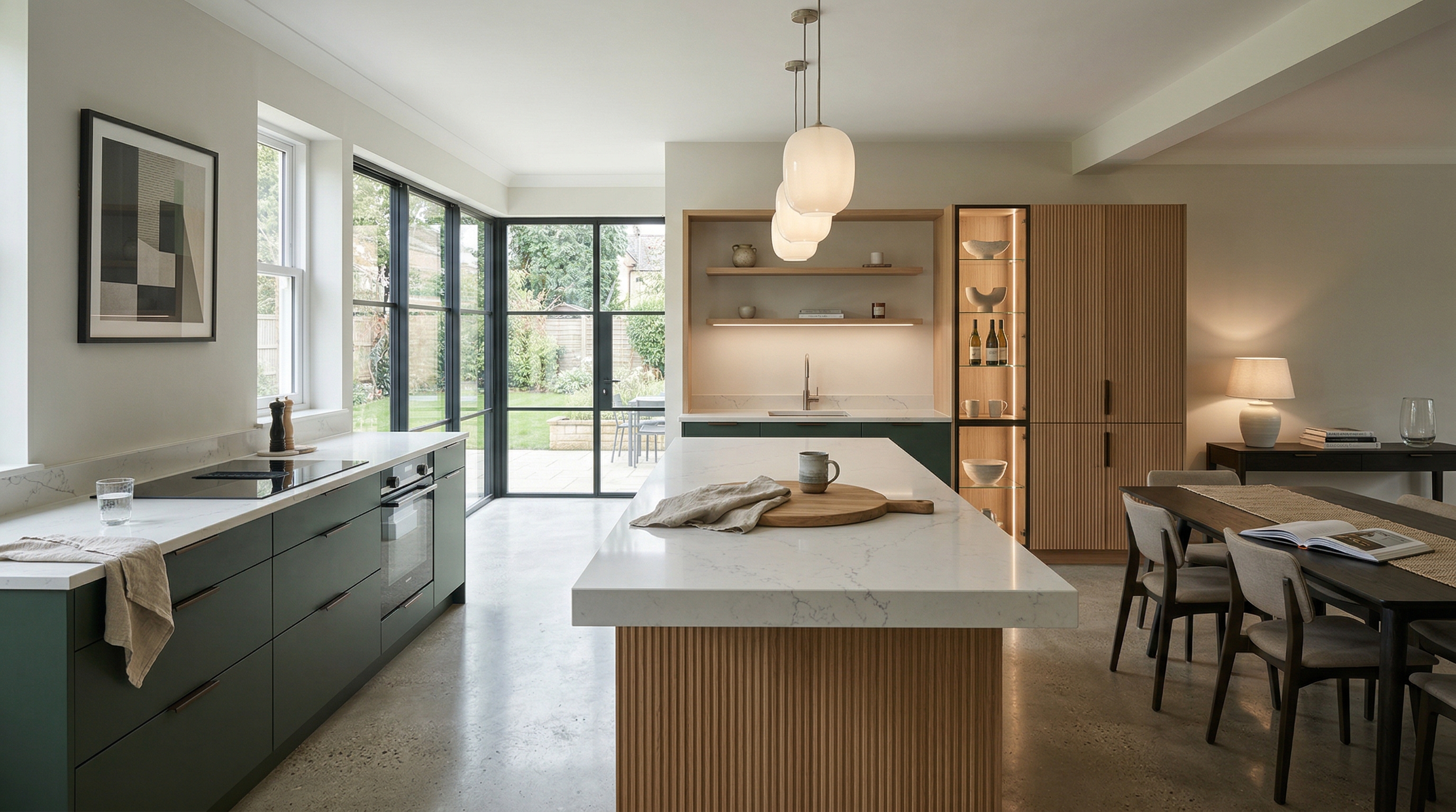 Mastercraft bespoke kitchen in Trowbridge, wide architectural view showing room volume and design quality