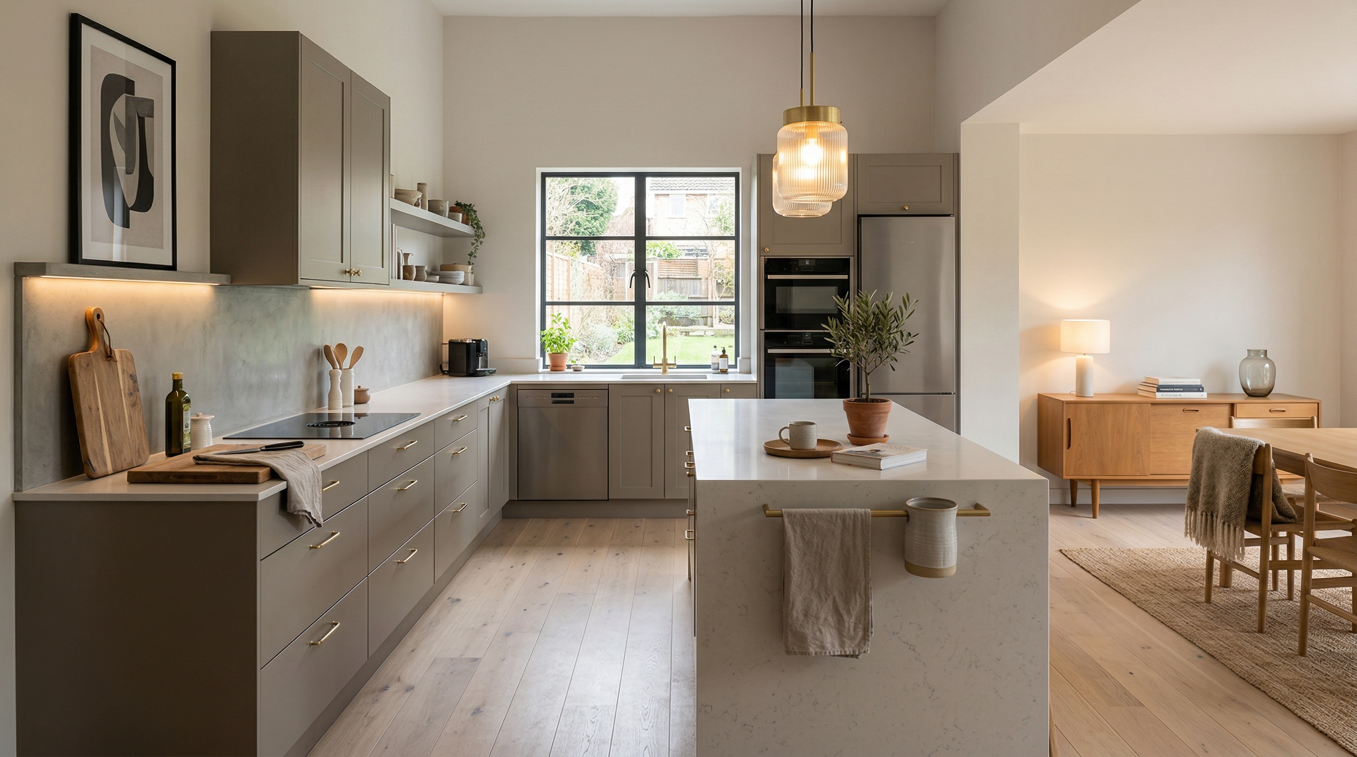 Wide view of a newly completed bespoke Mastercraft kitchen, matt painted handleless slab cabinetry in heritage green tones