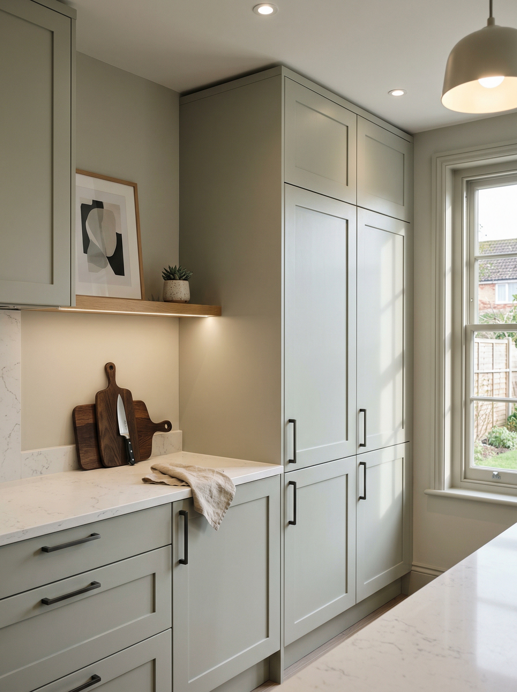 Tall view of full-height bespoke kitchen cabinetry, matt painted handleless slab cabinetry