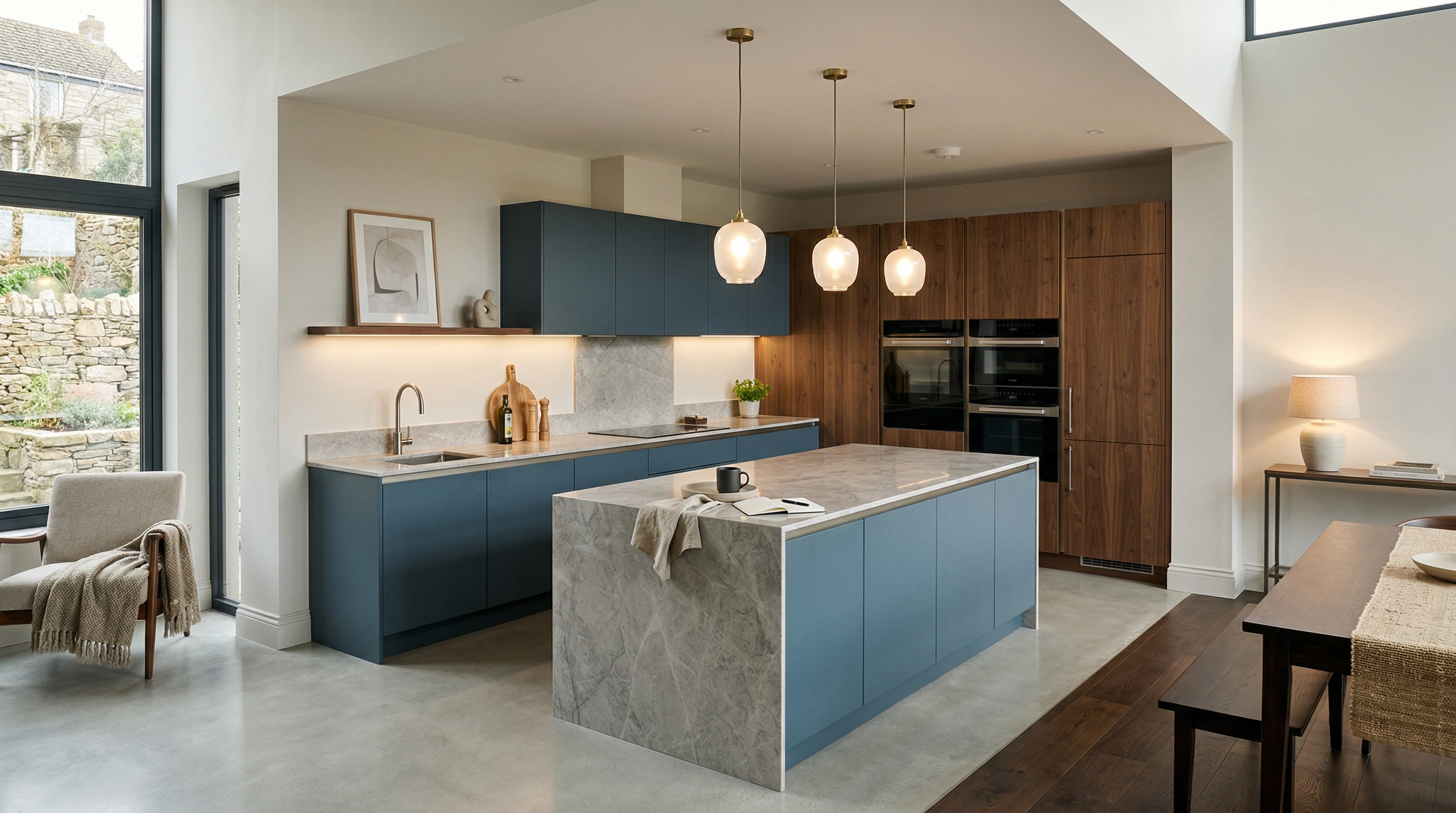 Mastercraft bespoke kitchen in Truro, wide architectural view showing room volume and design quality