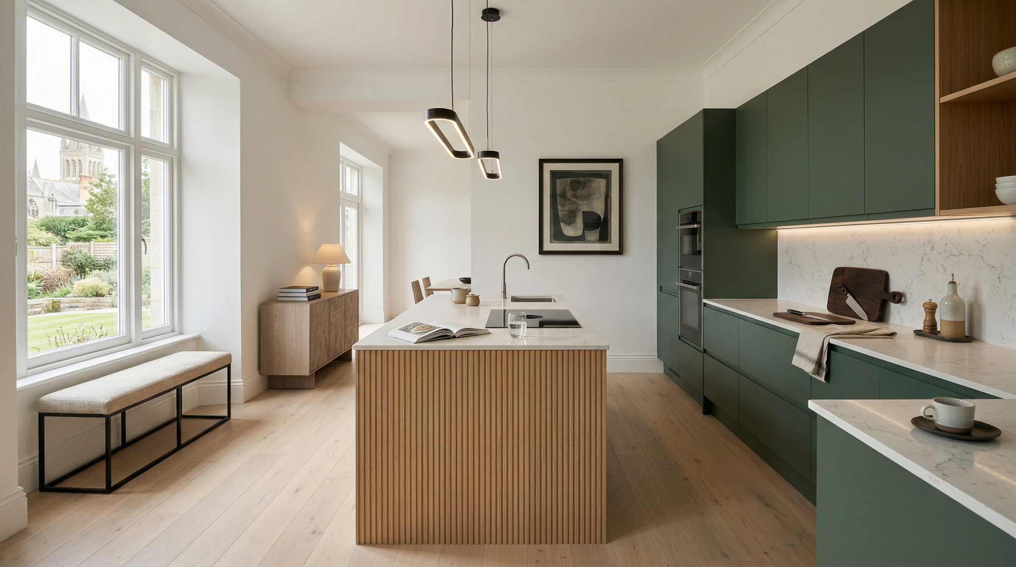 Wide view of a newly completed bespoke Mastercraft kitchen, modern shaker cabinetry in dust grey tones