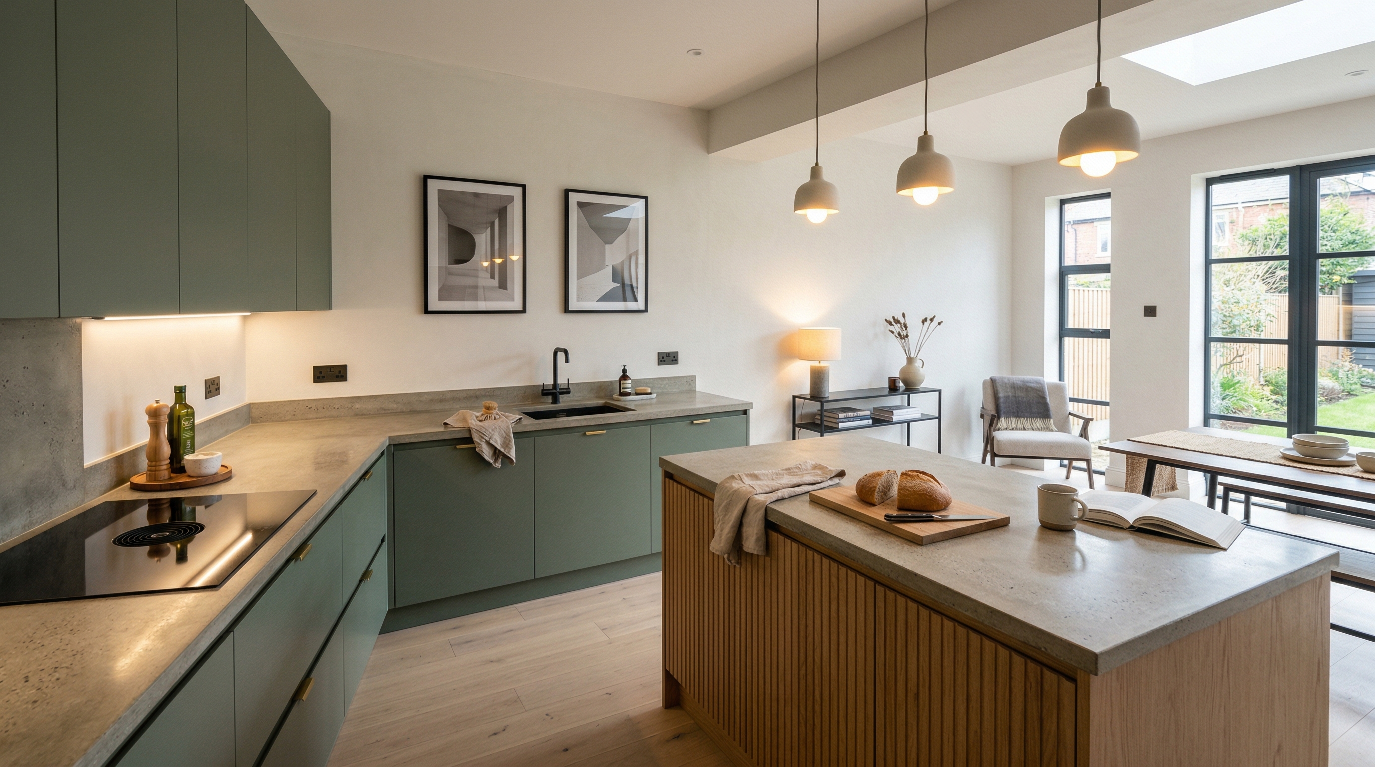 Mastercraft bespoke kitchen in Tynemouth, wide architectural view showing room volume and design quality