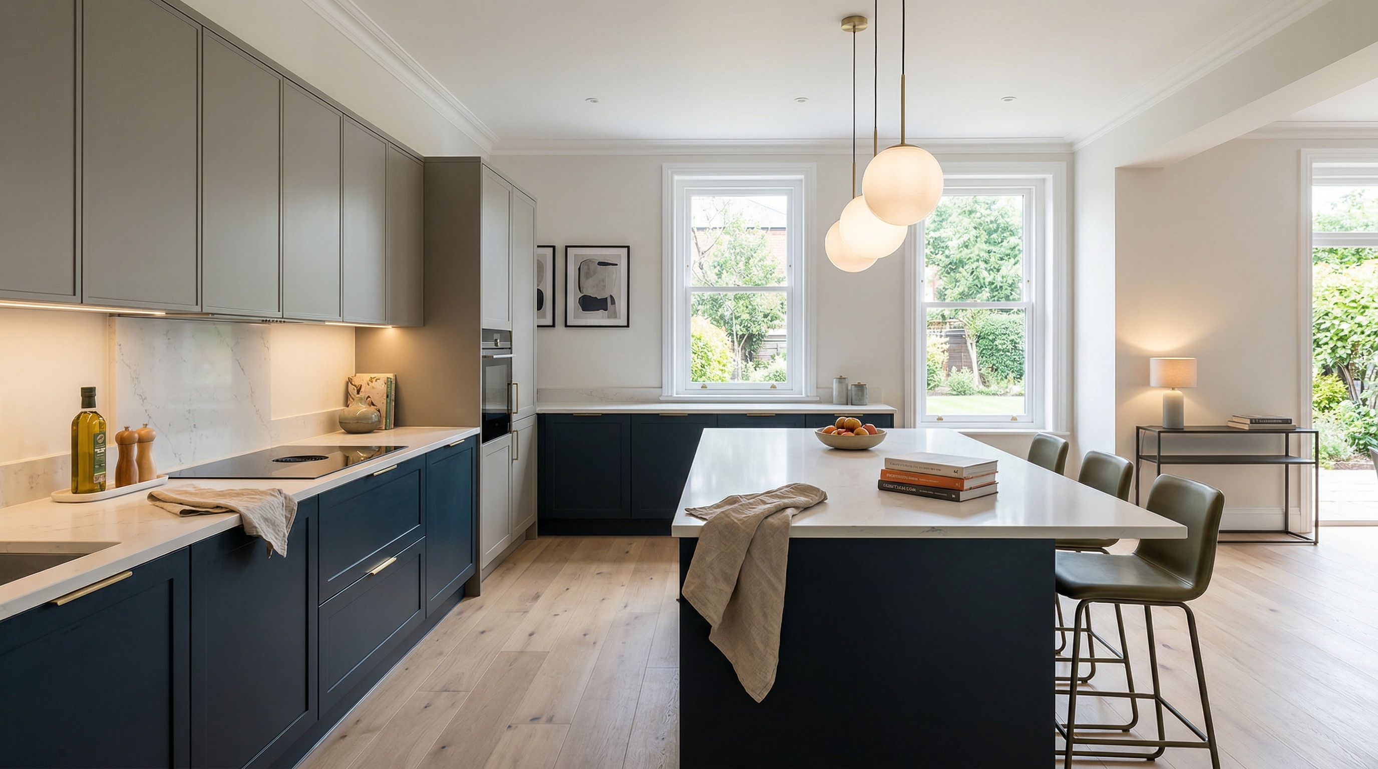 hero_1200x675 Wide view of a newly completed bespoke Mastercraft kitchen, timber veneer slab-door cabinetry in airforce tones