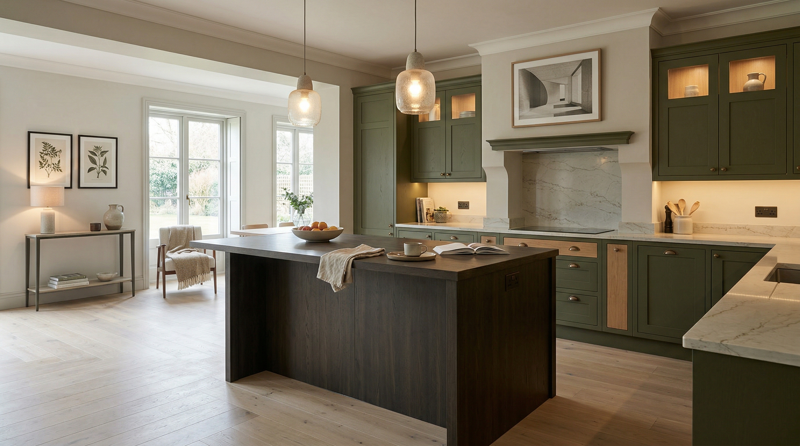 Mastercraft bespoke kitchen in Uppingham, wide architectural view showing room volume and design quality