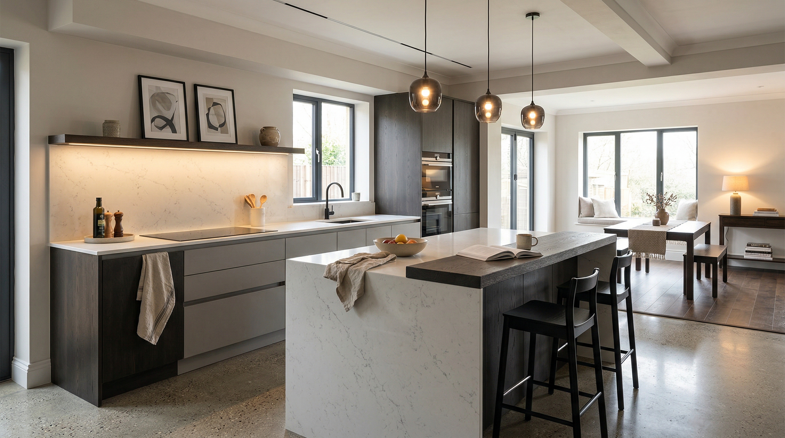 Mastercraft bespoke kitchen in Usk, wide architectural view showing room volume and design quality