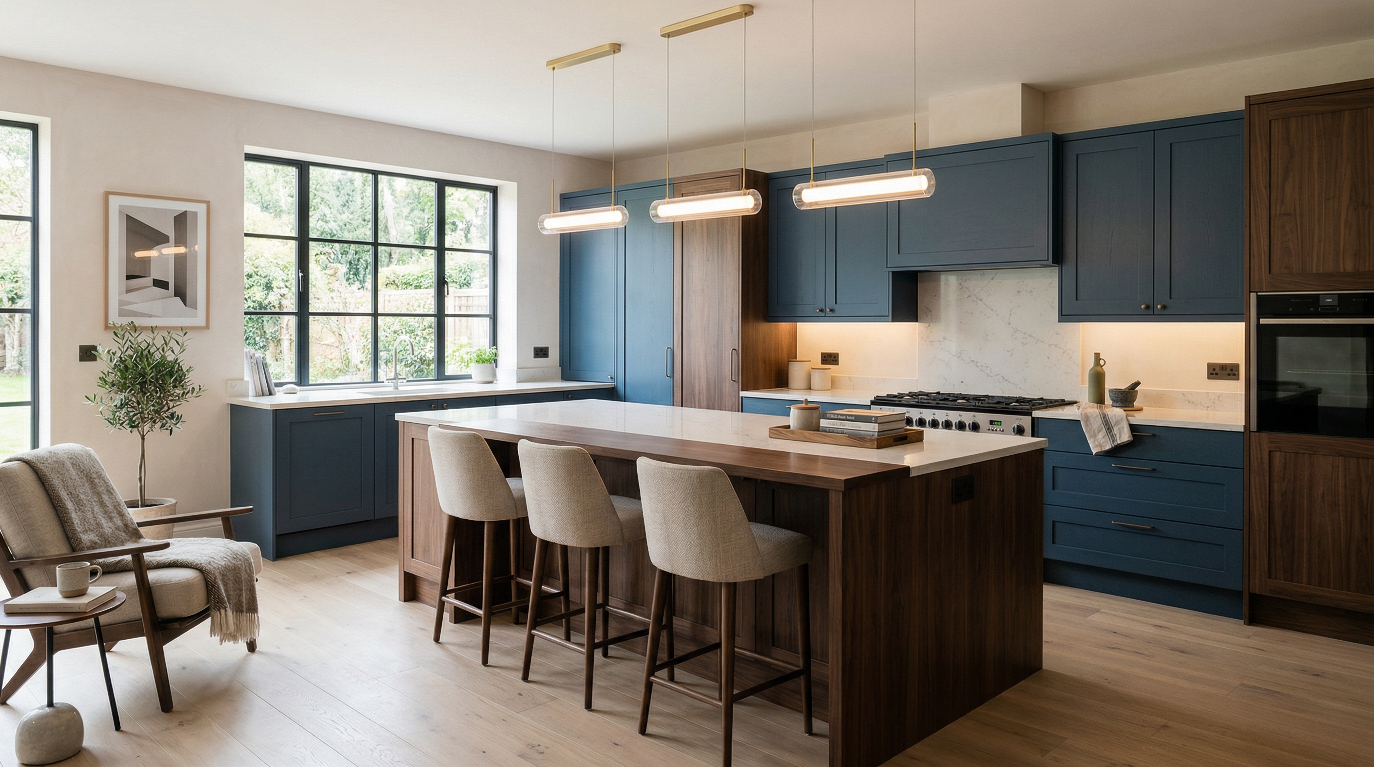 Wide view of a newly completed bespoke Mastercraft kitchen, modern shaker cabinetry in ivory tones