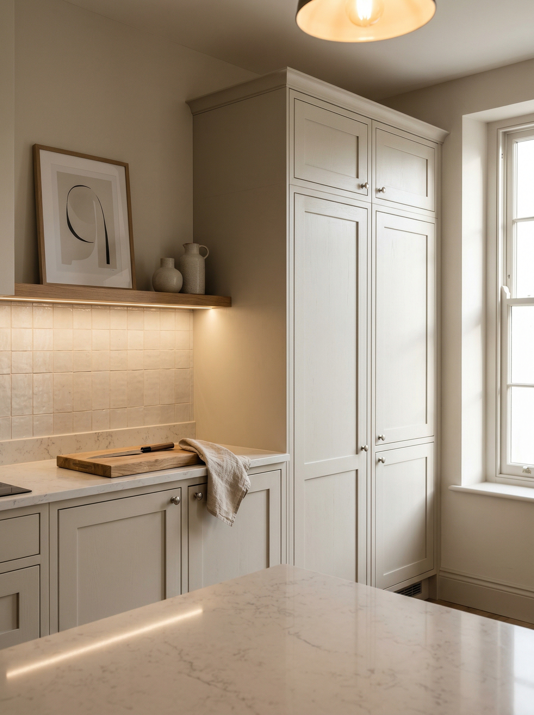 Tall view of full-height bespoke kitchen cabinetry, modern shaker cabinetry
