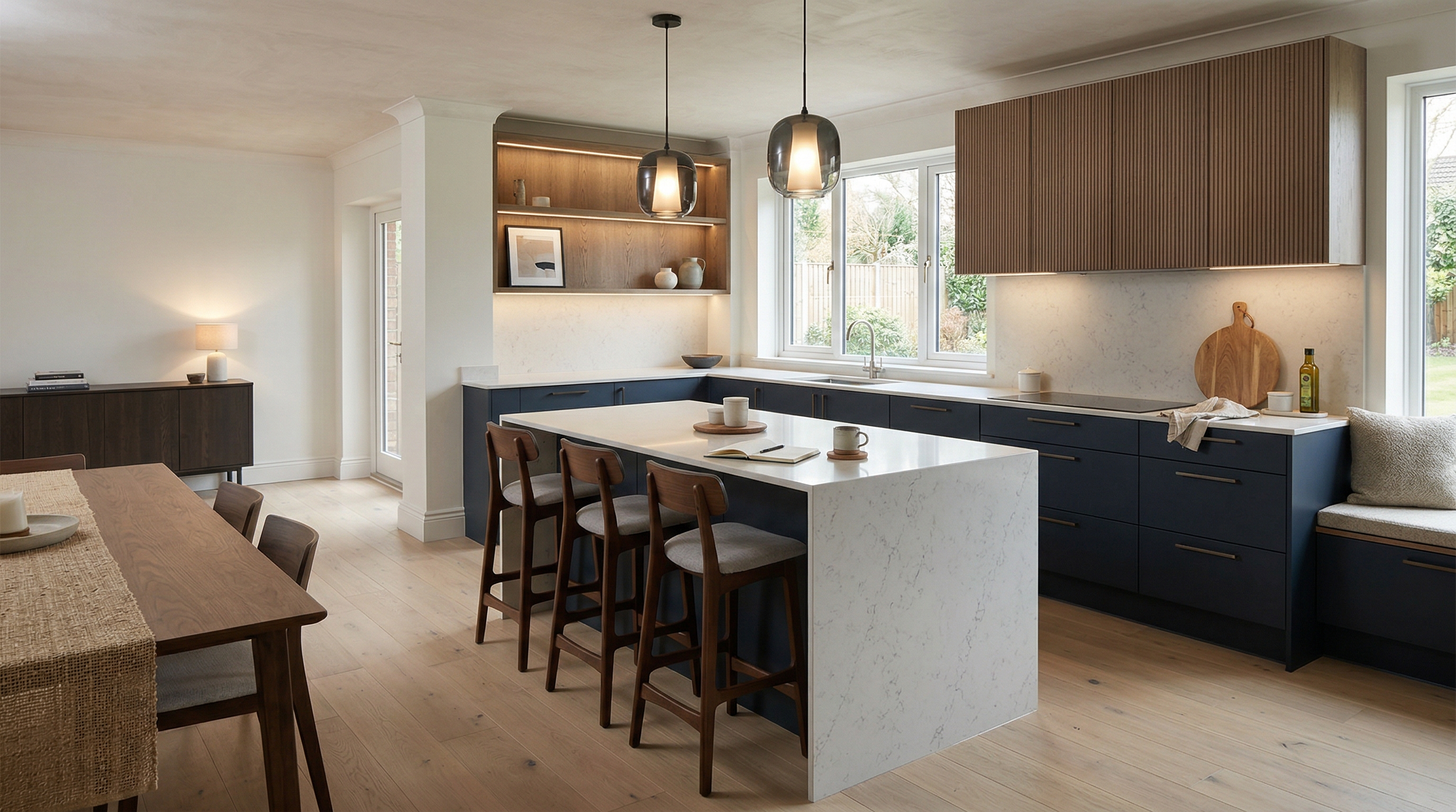 Mastercraft bespoke kitchen in Wallsend, wide architectural view showing room volume and design quality