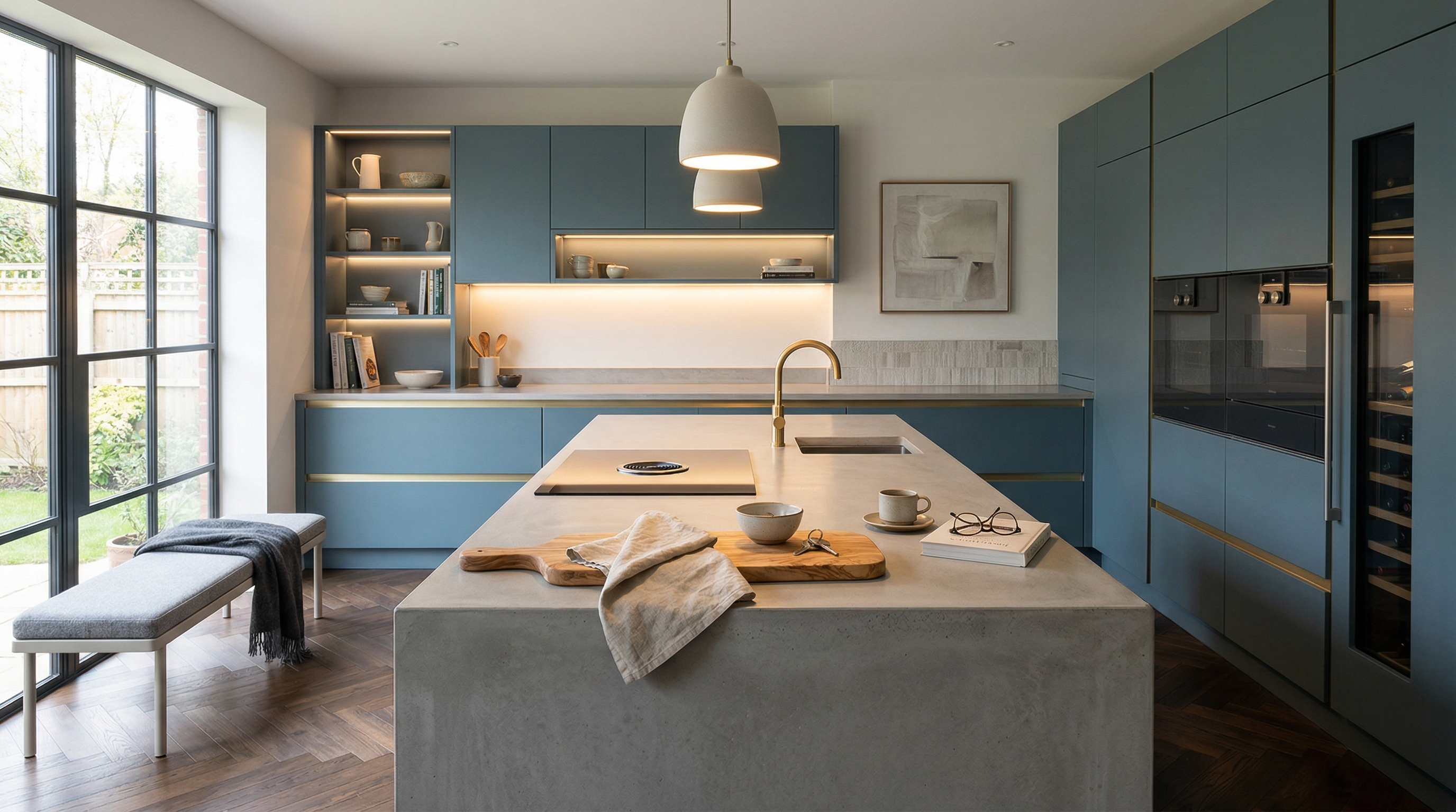 hero_1200x675 Wide view of a newly completed bespoke Mastercraft kitchen, contemporary in-frame cabinetry in pantry blue tones