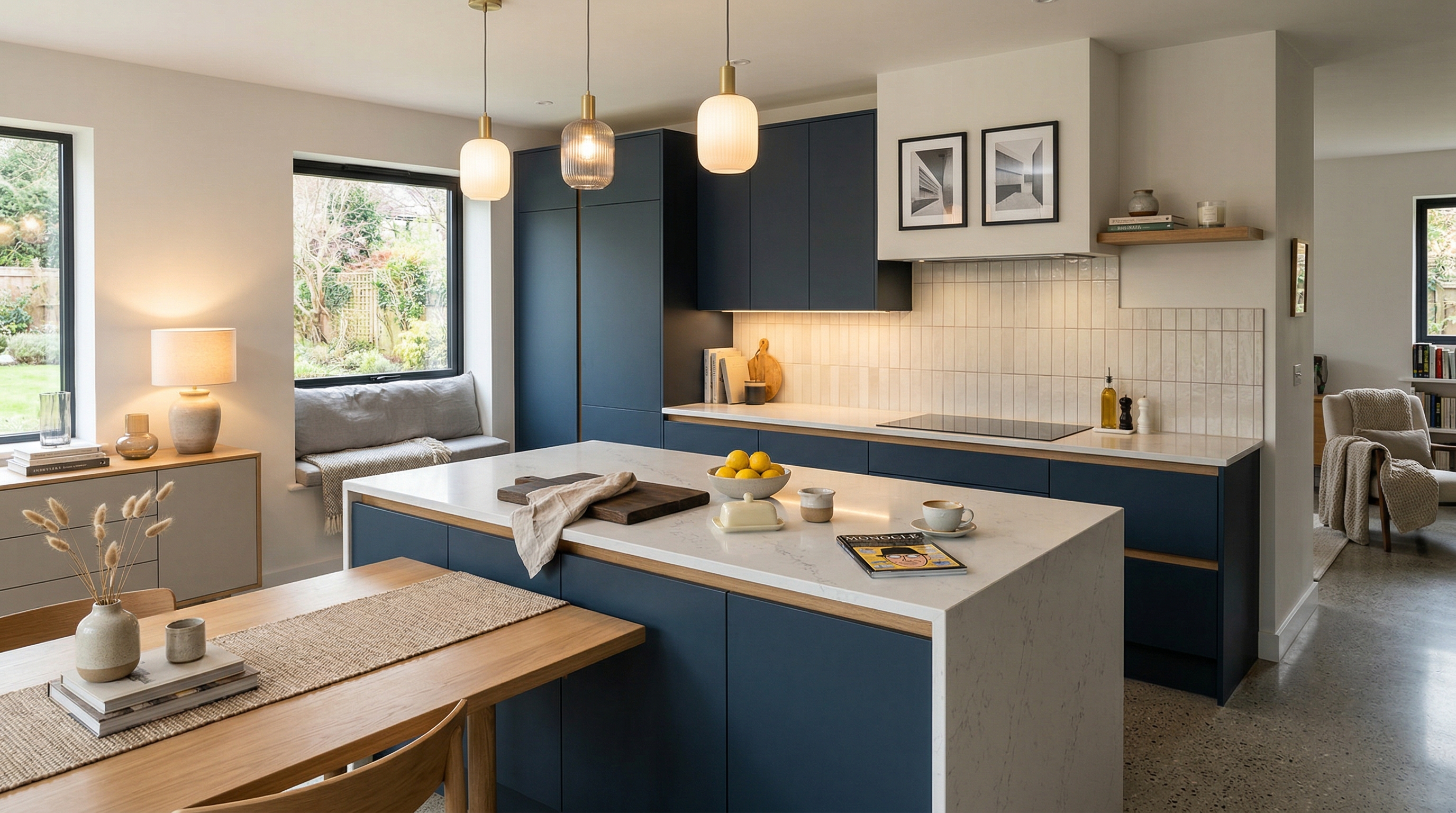 Mastercraft bespoke kitchen in Wareham, wide architectural view showing room volume and design quality