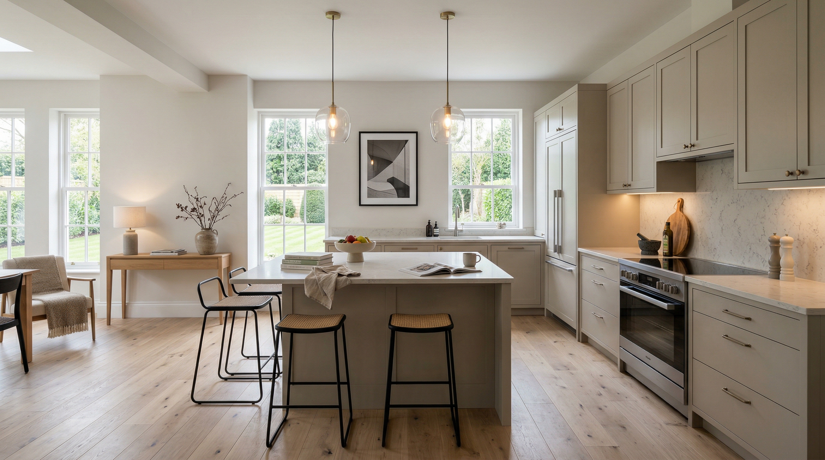 hero_1200x675 Wide view of a newly completed bespoke Mastercraft kitchen, timber veneer slab-door cabinetry in willow tones