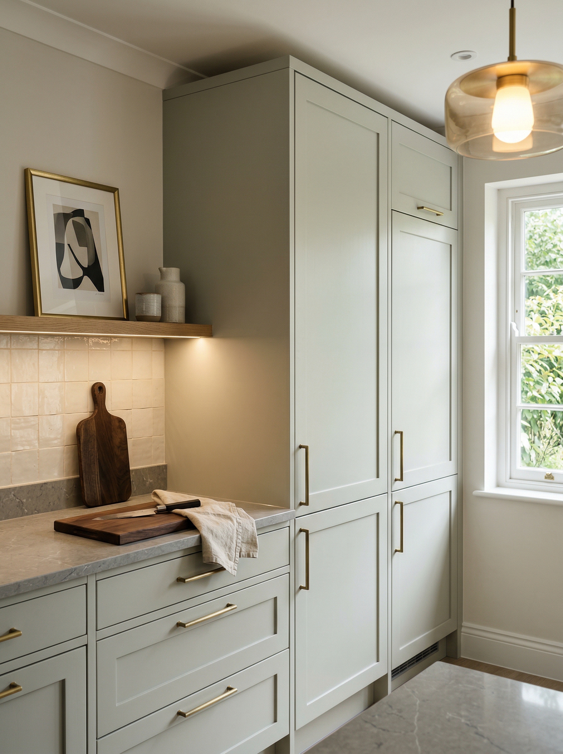 Tall view of full-height bespoke kitchen cabinetry, timber veneer slab-door cabinetry