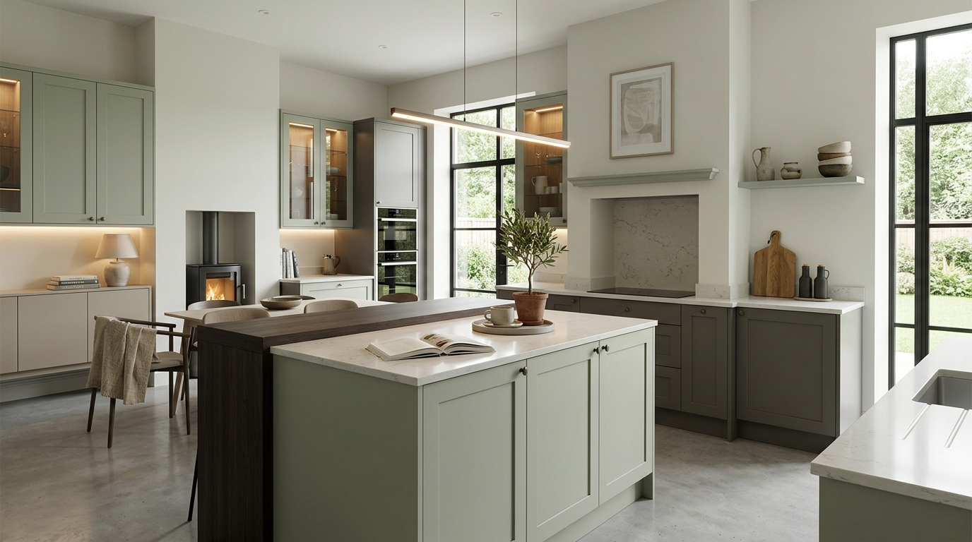 Wide view of a newly completed bespoke Mastercraft kitchen, contemporary painted lay-on cabinetry in graphite tones