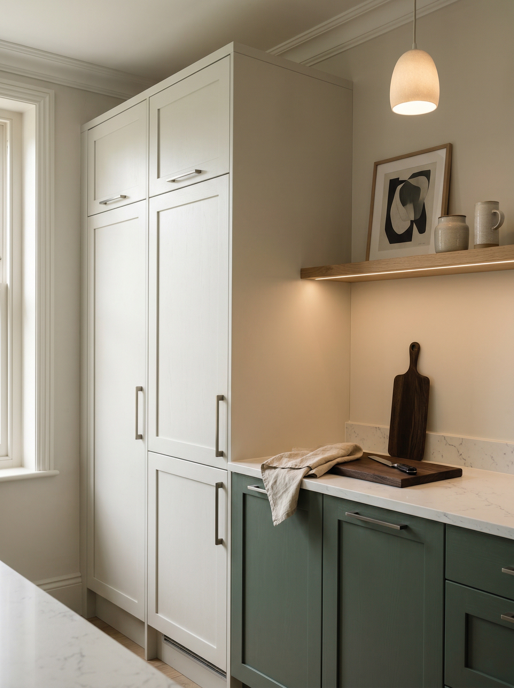 Tall view of full-height bespoke kitchen cabinetry, contemporary painted lay-on cabinetry