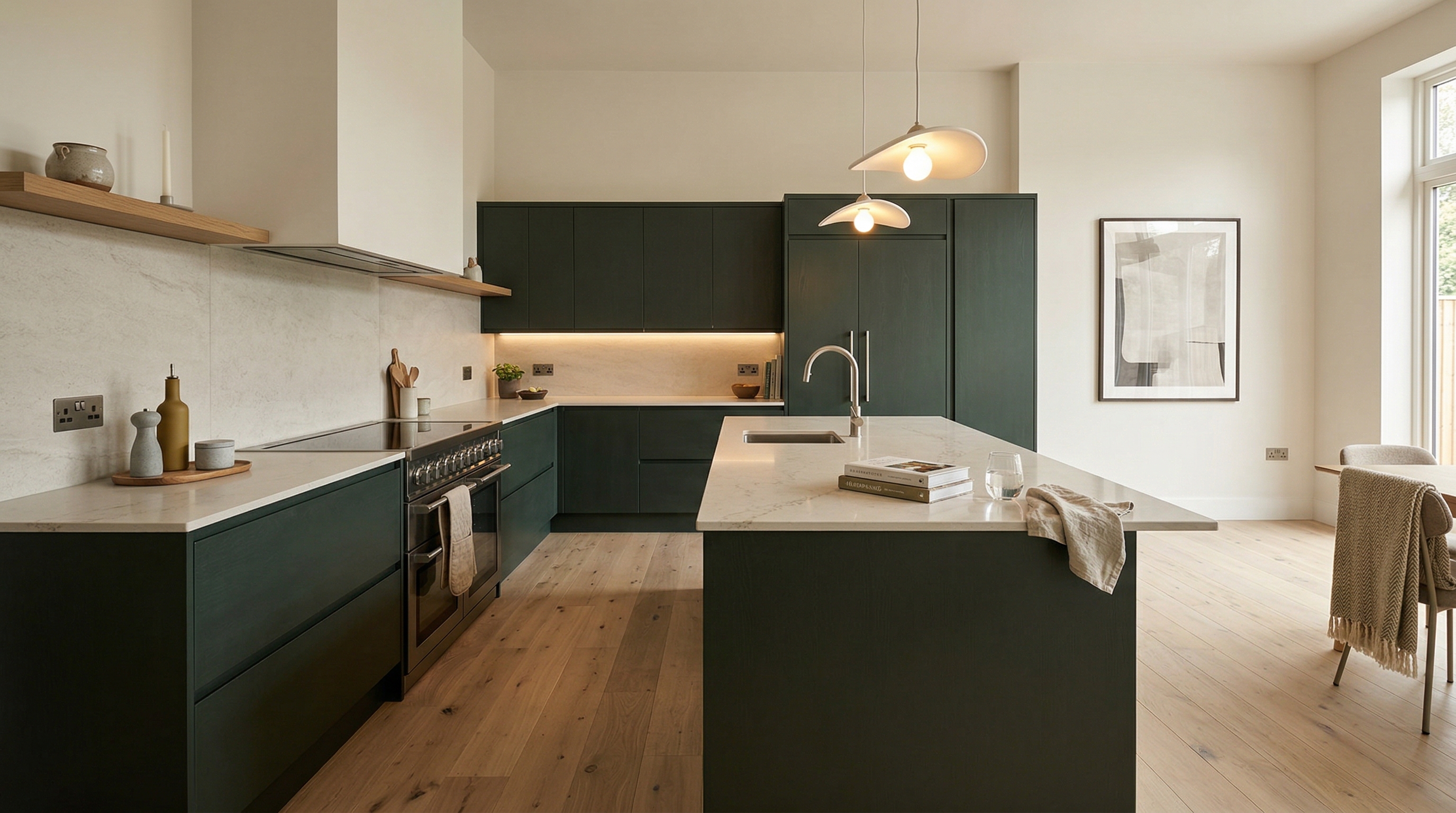Wide view of a newly completed bespoke Mastercraft kitchen, modern shaker cabinetry in lava tones