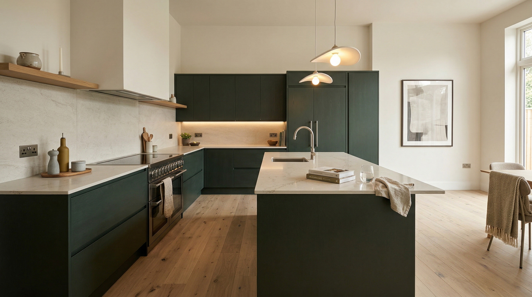 Wide view of a newly completed bespoke Mastercraft kitchen, modern shaker cabinetry in lava tones