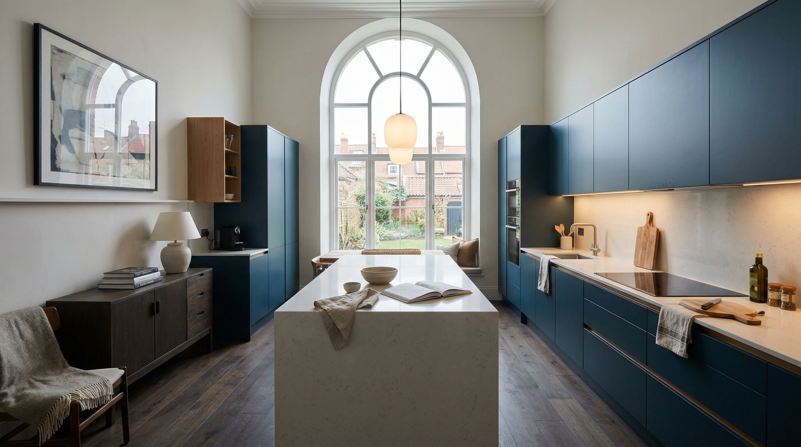 hero_1200x675 Wide view of a newly completed bespoke Mastercraft kitchen, timber veneer slab-door cabinetry in light teal tones