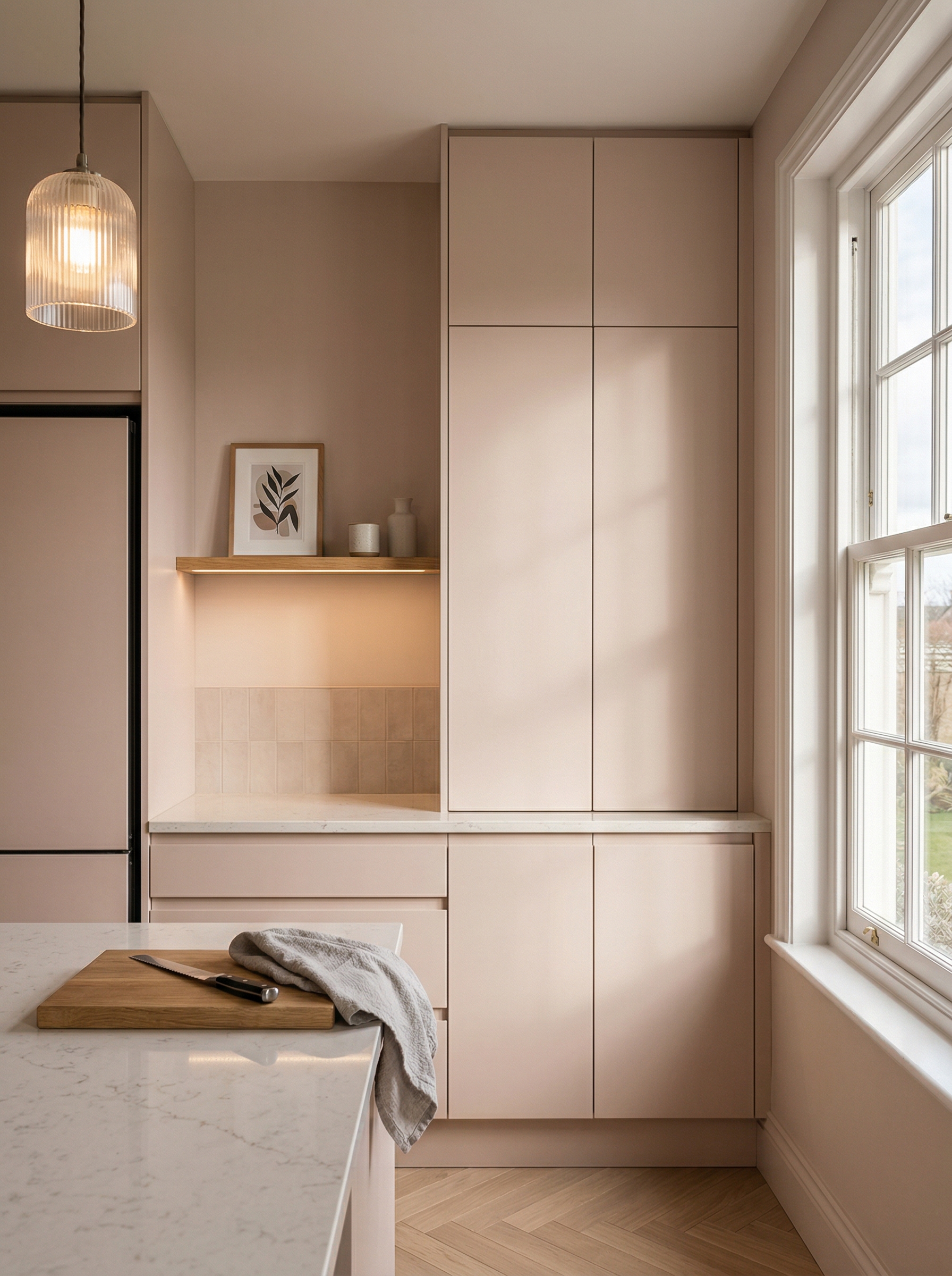 Tall view of full-height bespoke kitchen cabinetry, timber veneer slab-door cabinetry