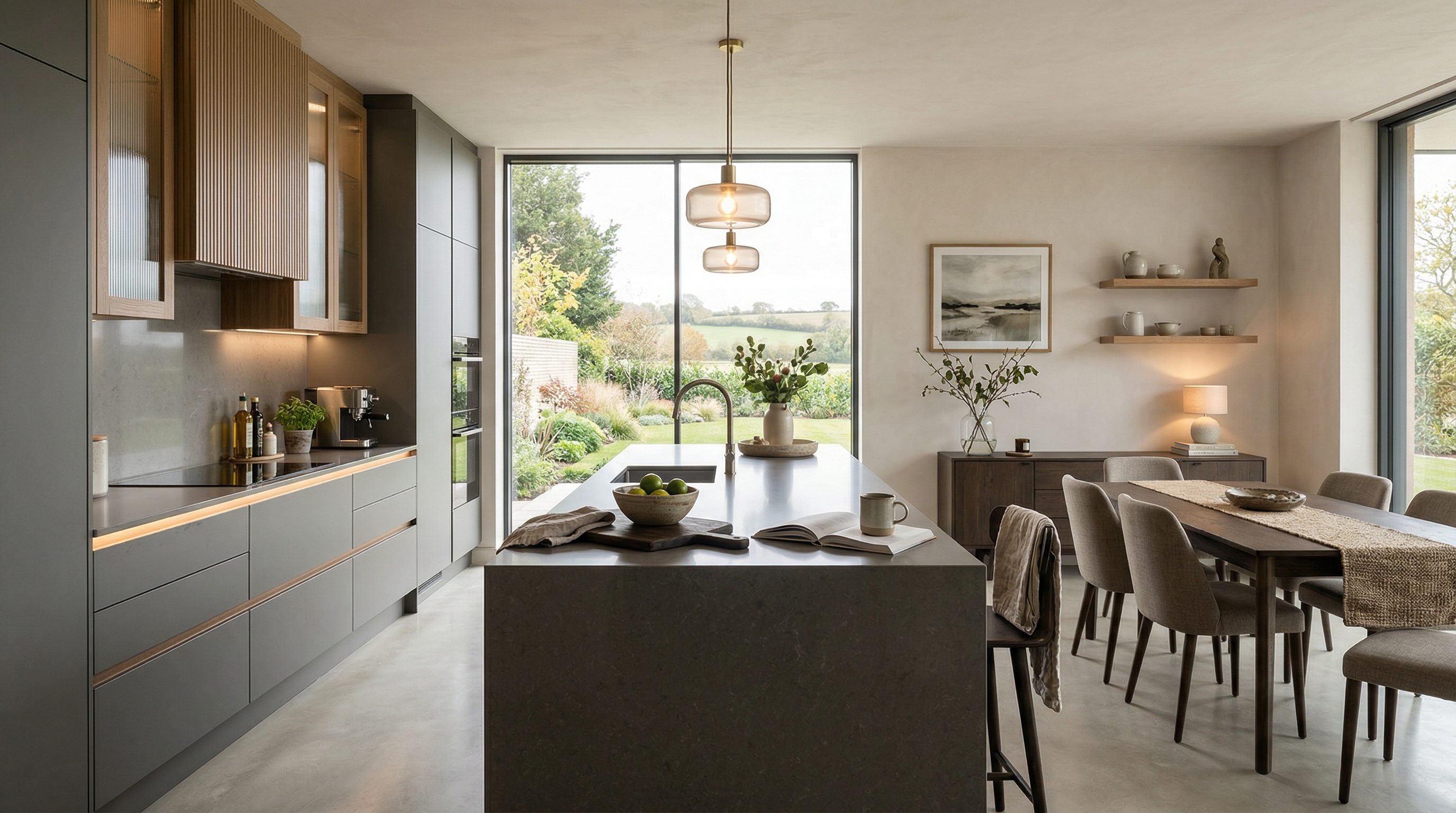 Mastercraft bespoke kitchen in Wells, wide architectural view showing room volume and design quality