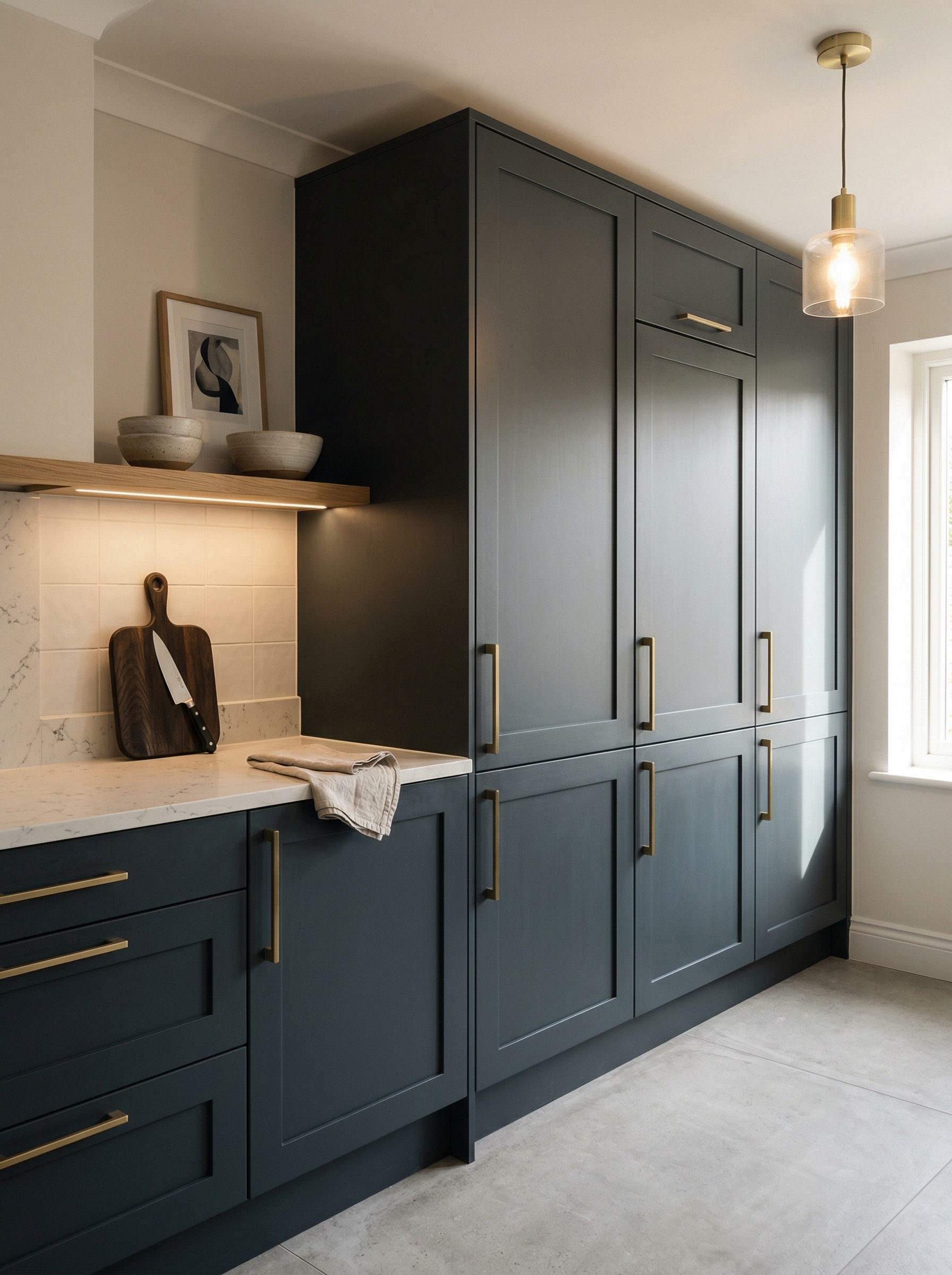 Tall view of full-height bespoke kitchen cabinetry, timber veneer slab-door cabinetry