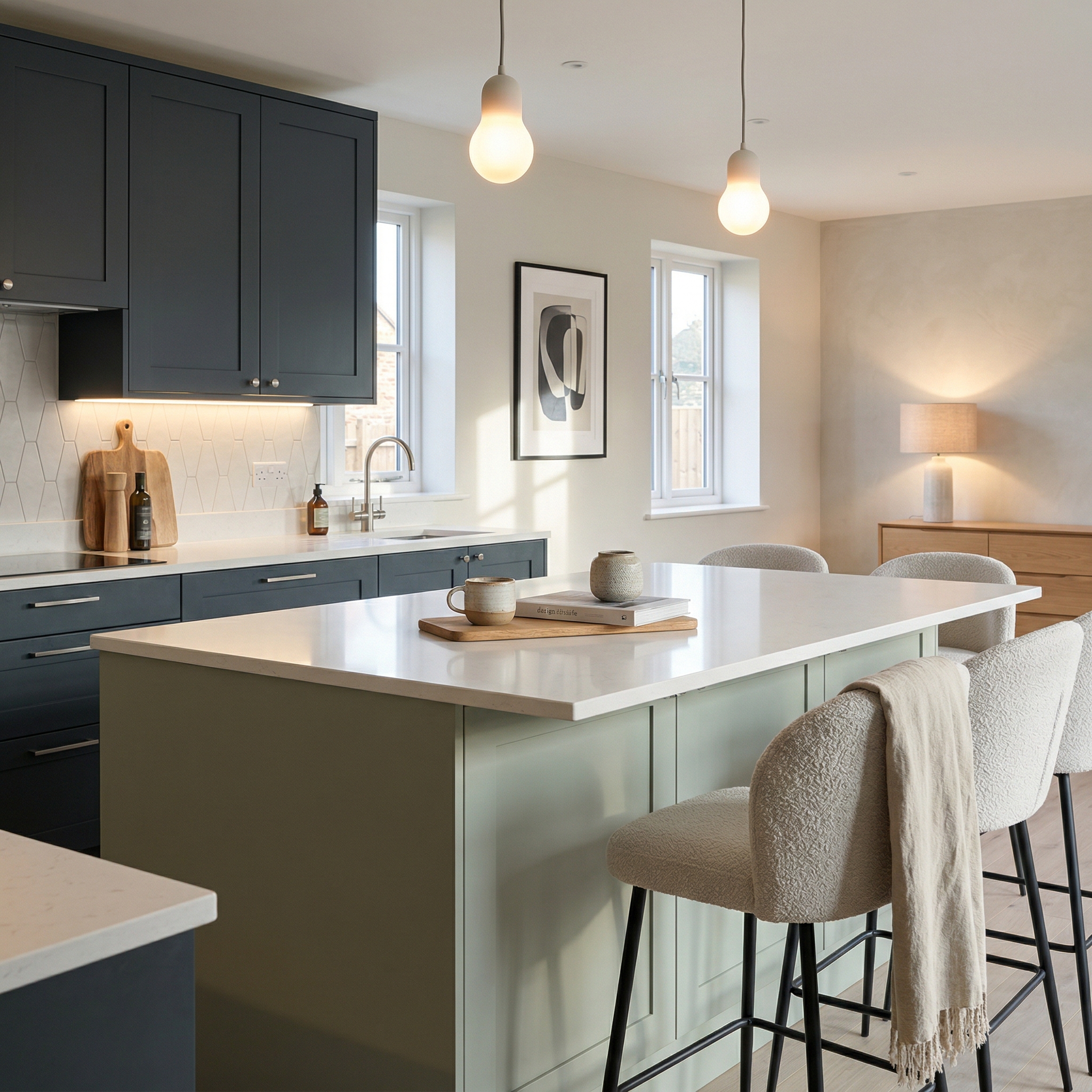 Bespoke kitchen island detail, timber veneer slab-door cabinetry with quality joinery