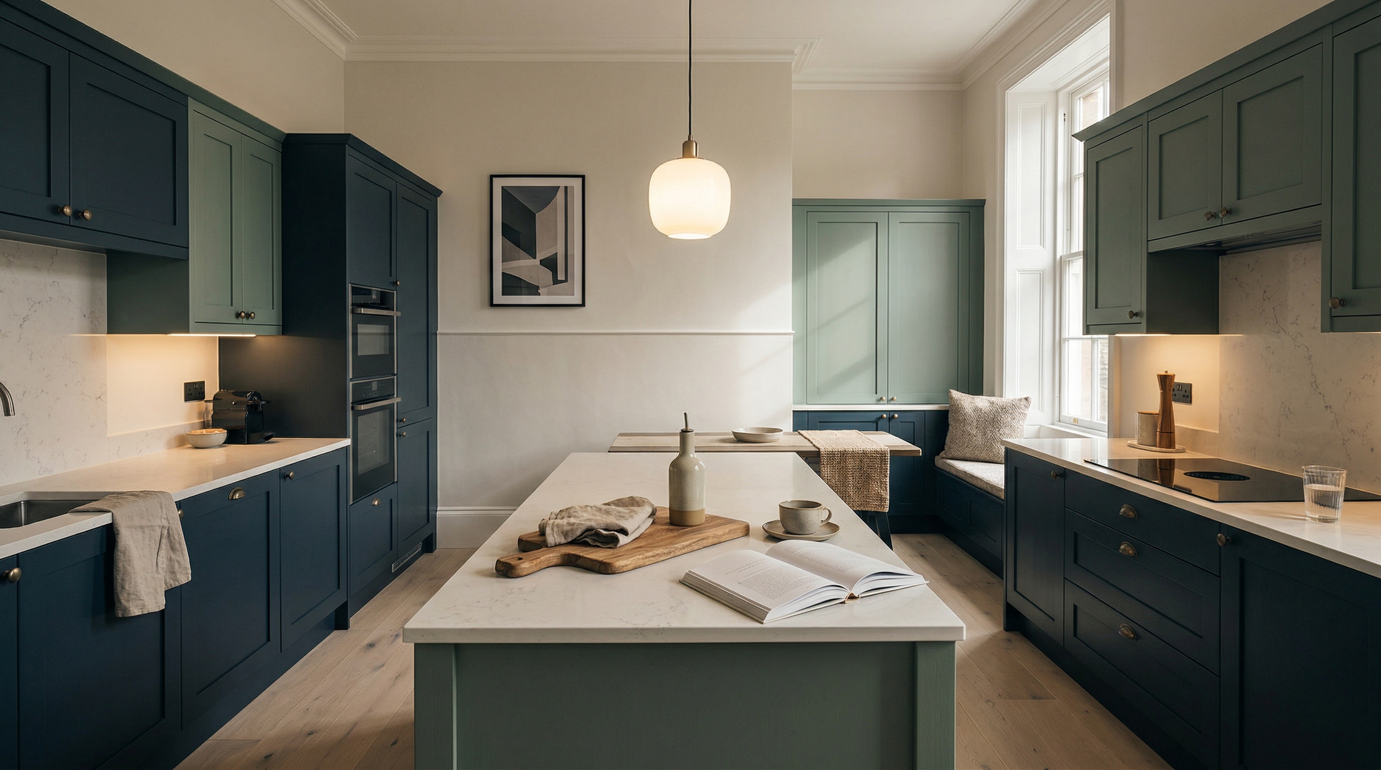 Wide view of a newly completed bespoke Mastercraft kitchen, modern shaker cabinetry in lava tones