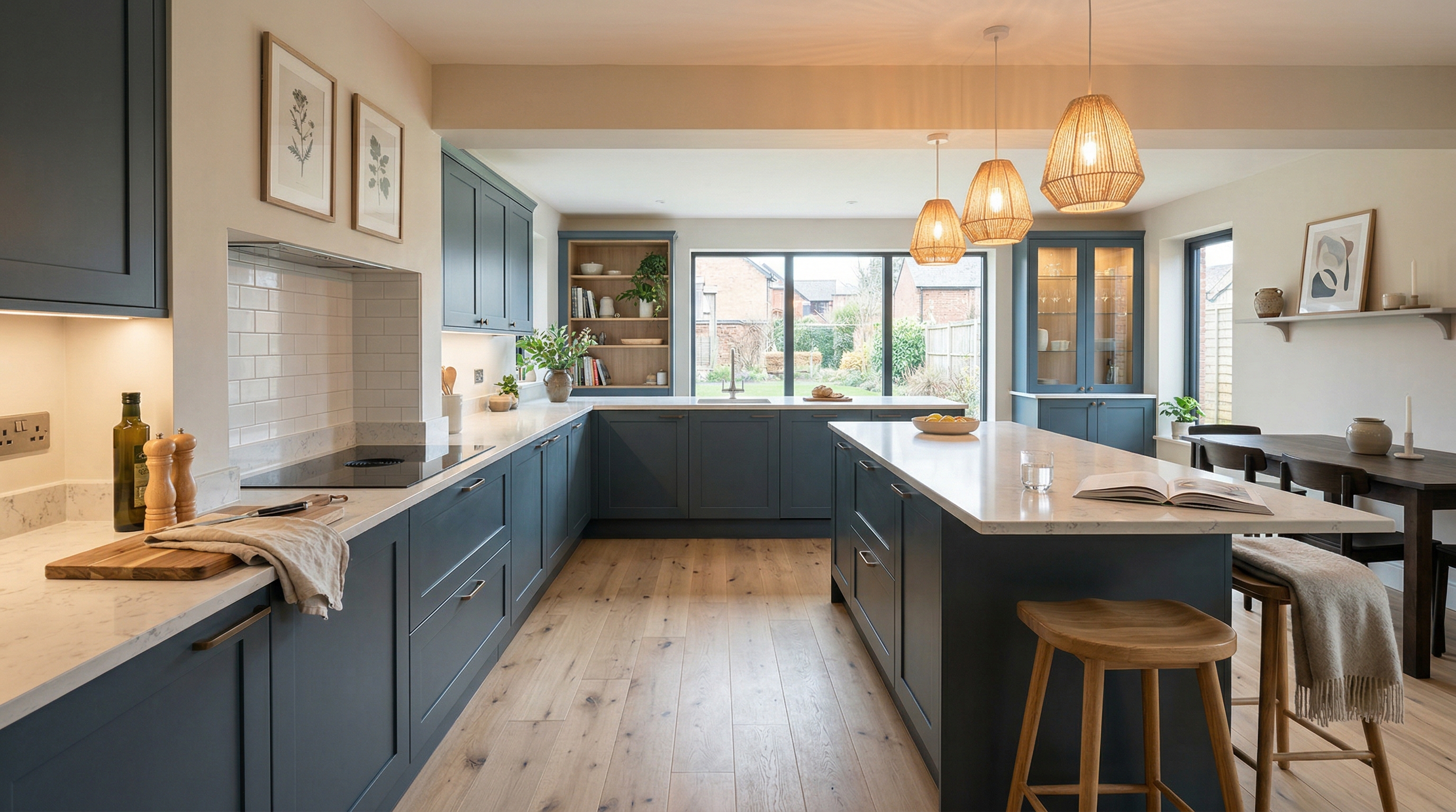Mastercraft bespoke kitchen in Weobley, wide architectural view showing room volume and design quality
