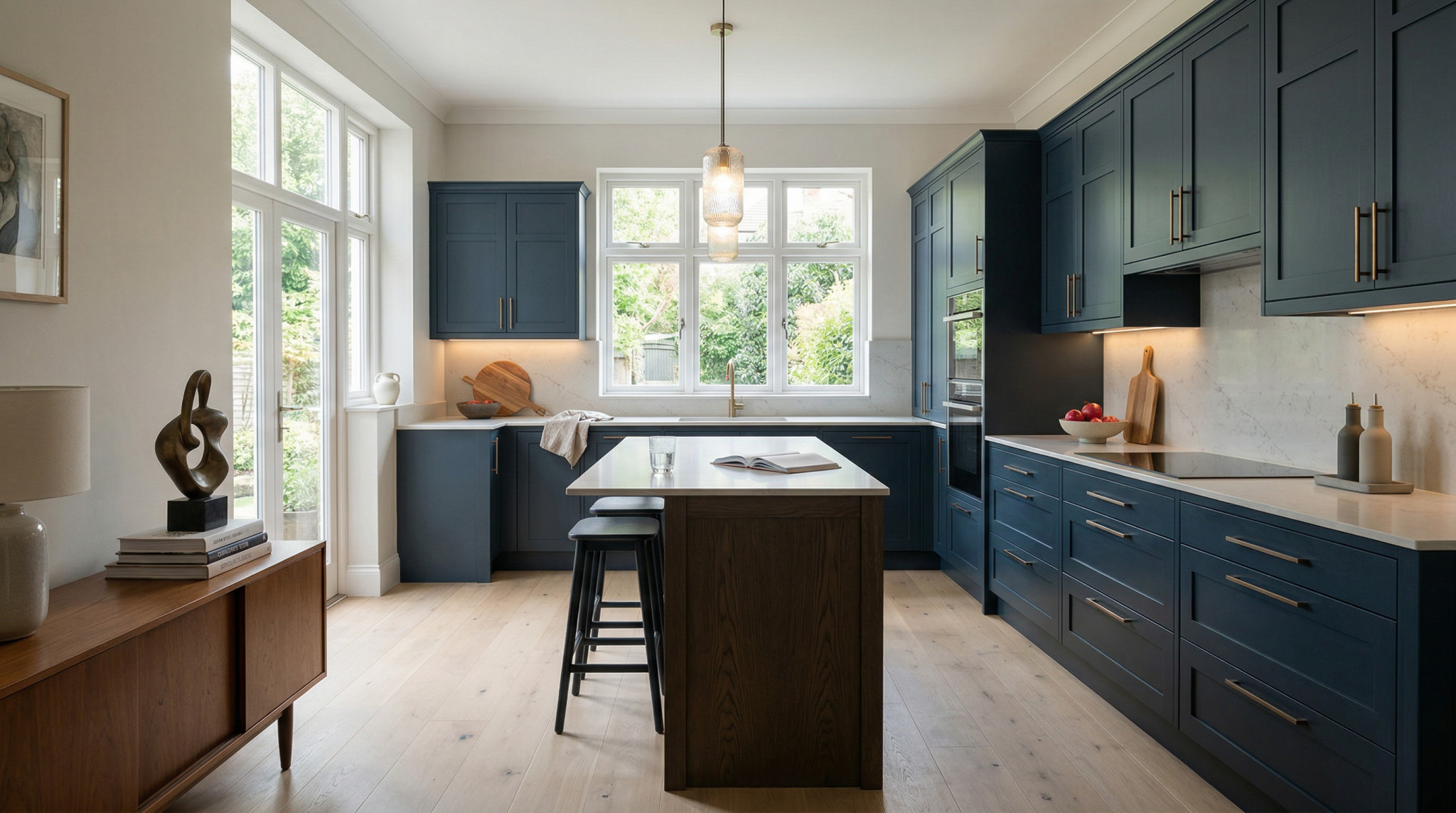 Wide view of a newly completed bespoke Mastercraft kitchen, contemporary painted lay-on cabinetry in viridian tones
