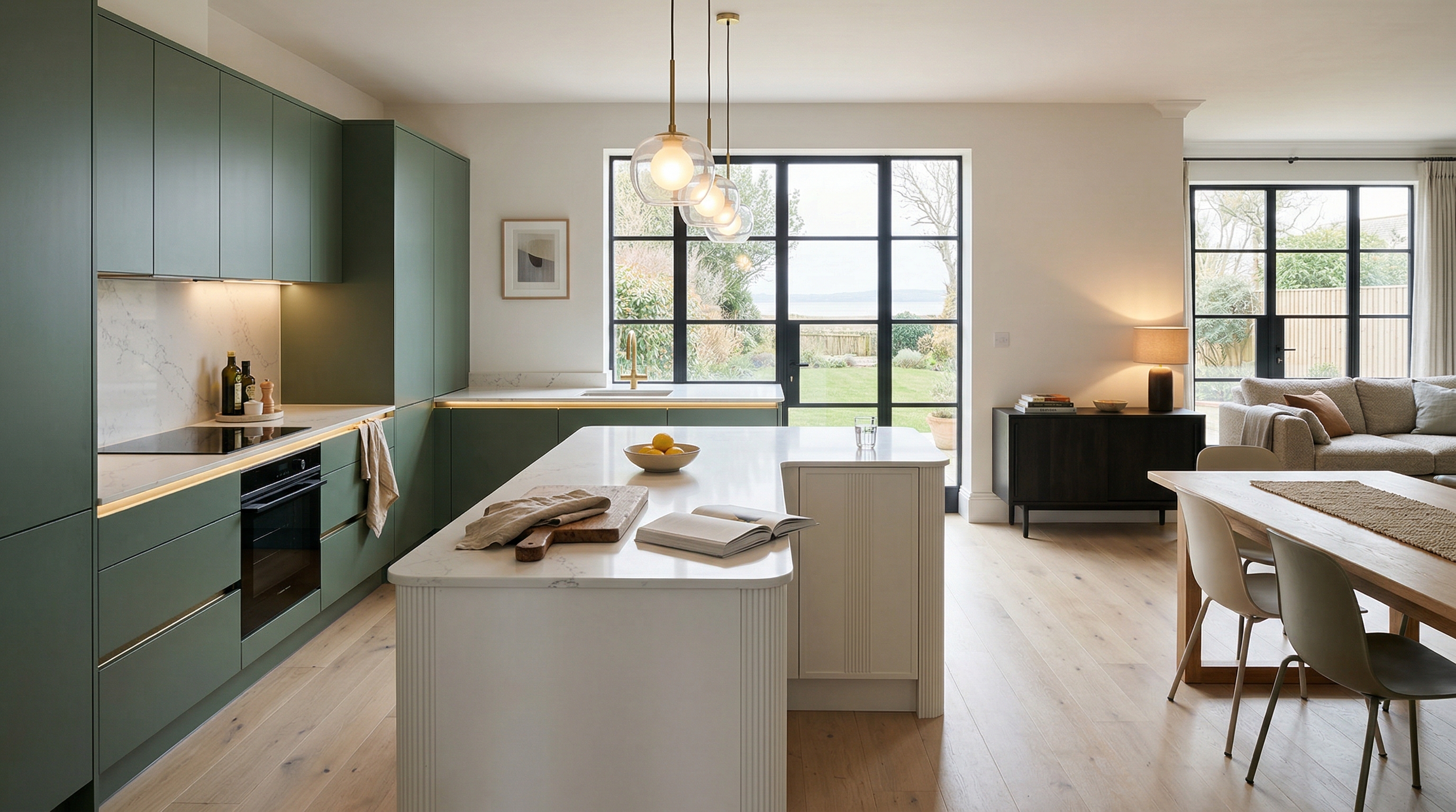 Mastercraft bespoke kitchen in Weston-super-Mare, wide architectural view showing room volume and design quality