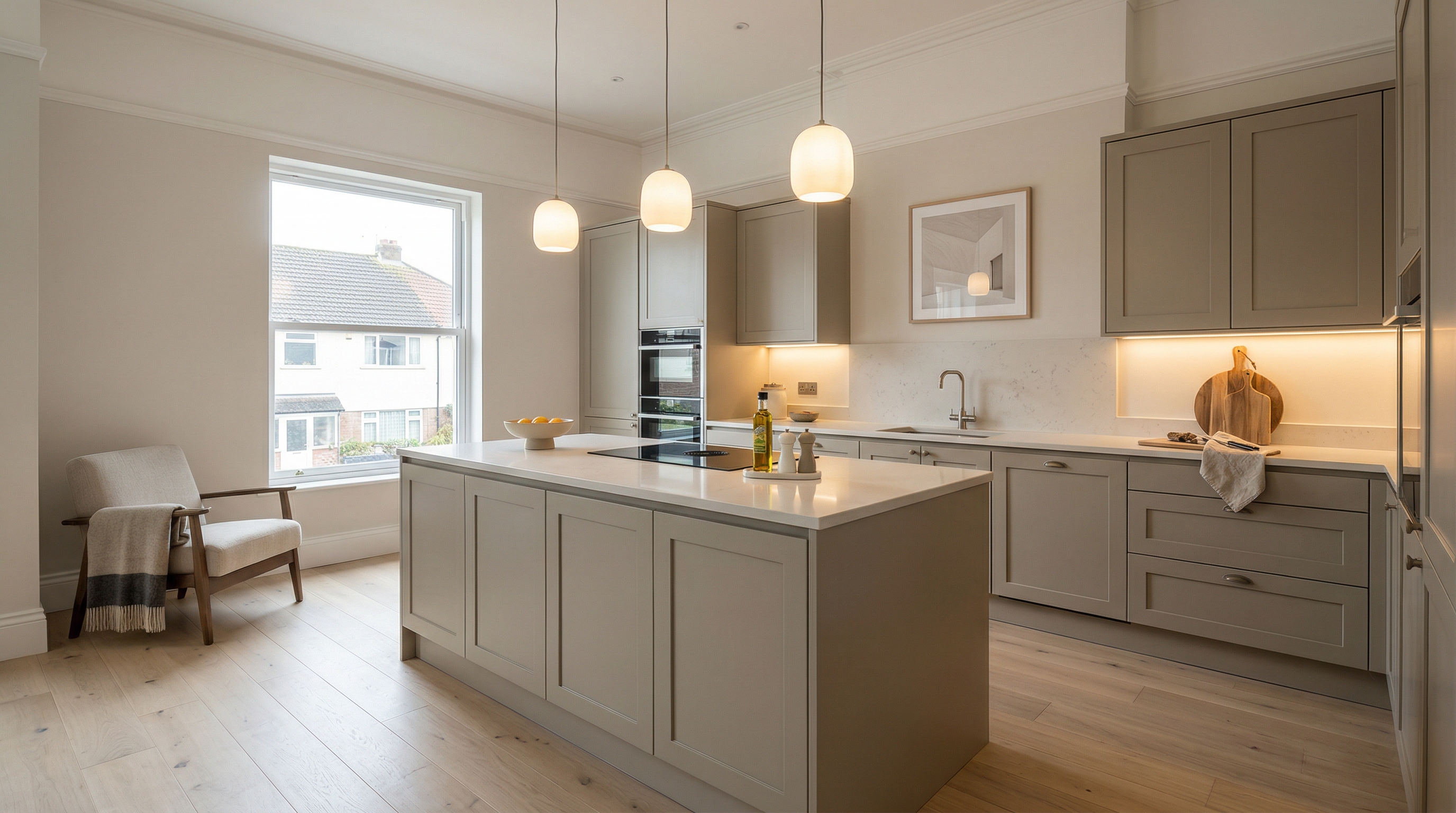 hero_1200x675 Wide view of a newly completed bespoke Mastercraft kitchen, timber veneer slab-door cabinetry in viridian tones