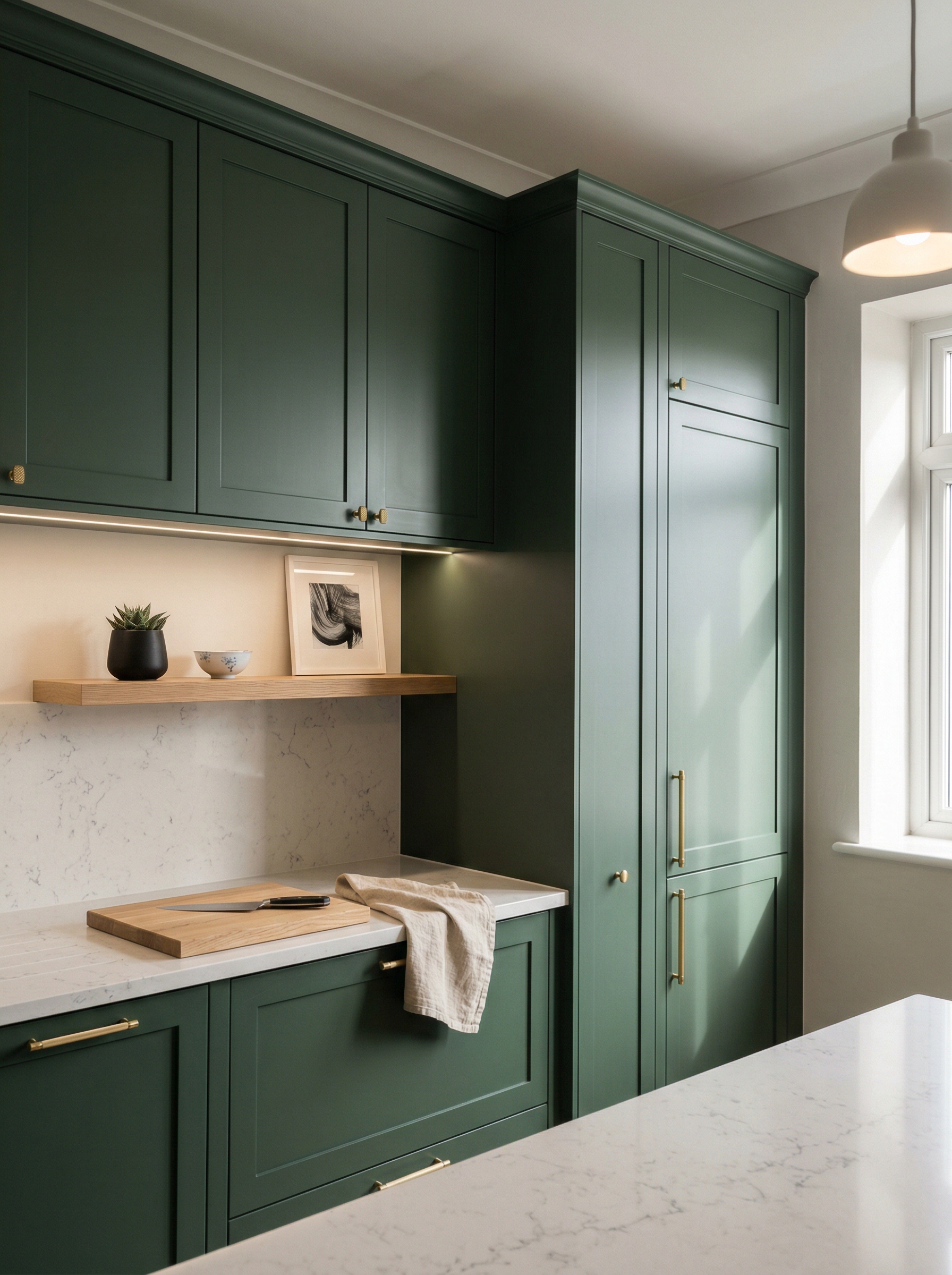 Tall view of full-height bespoke kitchen cabinetry, timber veneer slab-door cabinetry