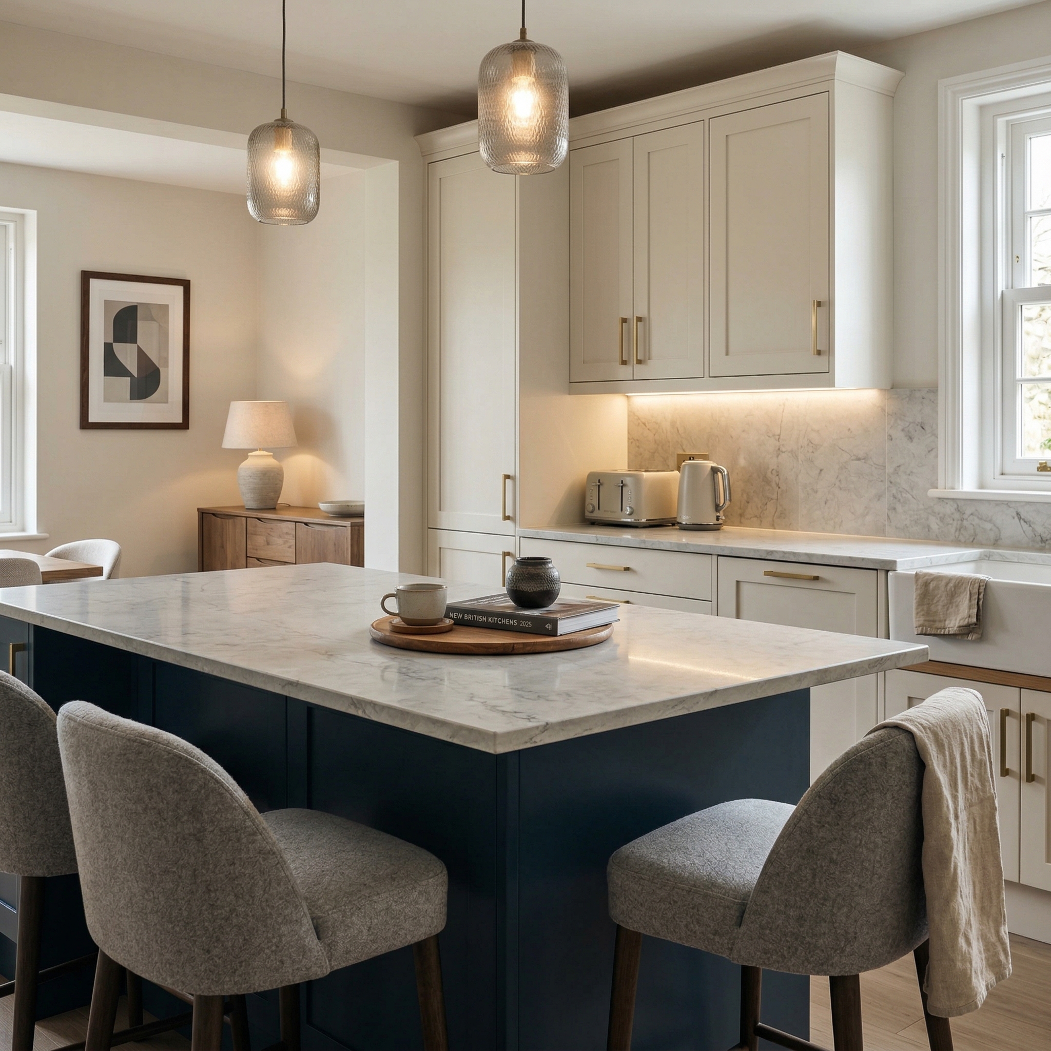 Bespoke kitchen island detail, contemporary painted lay-on cabinetry with quality joinery