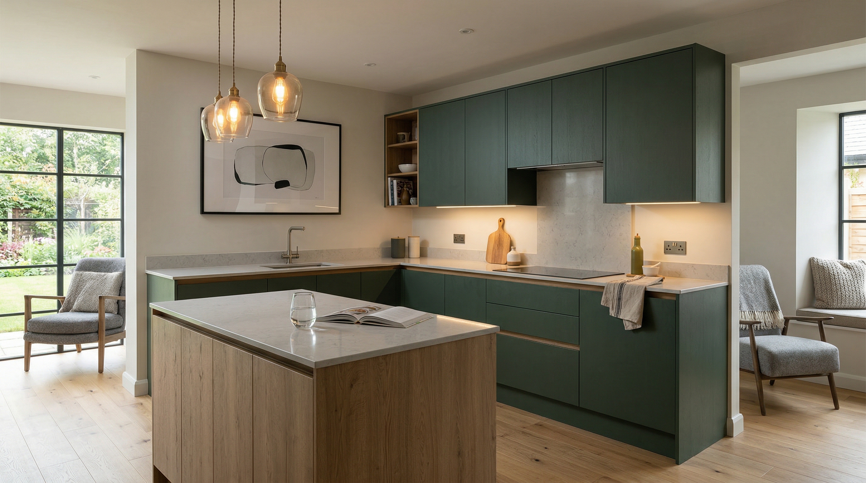 Mastercraft bespoke kitchen in Whitland, wide architectural view showing room volume and design quality