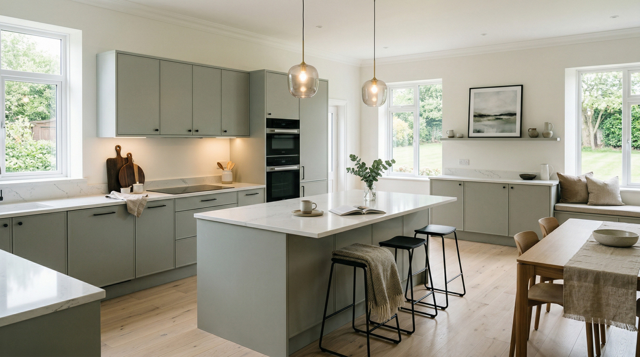 Wide view of a newly completed bespoke Mastercraft kitchen, timber veneer slab-door cabinetry in shell tones