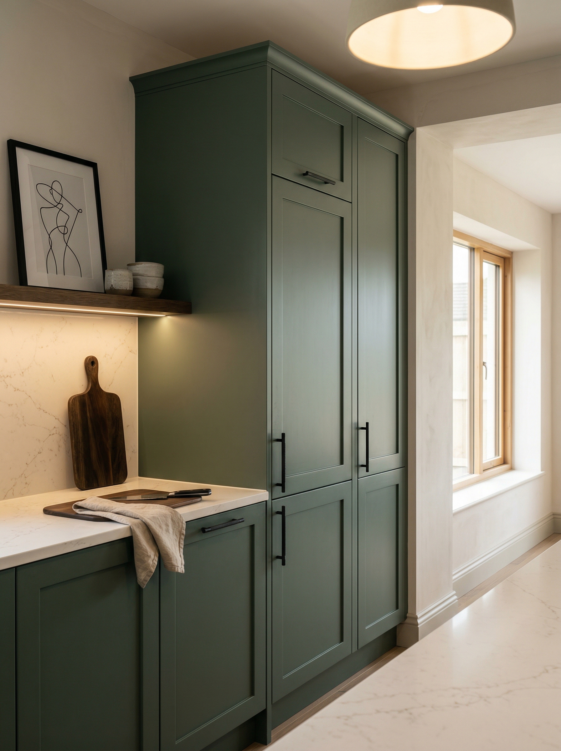Tall view of full-height bespoke kitchen cabinetry, timber veneer slab-door cabinetry
