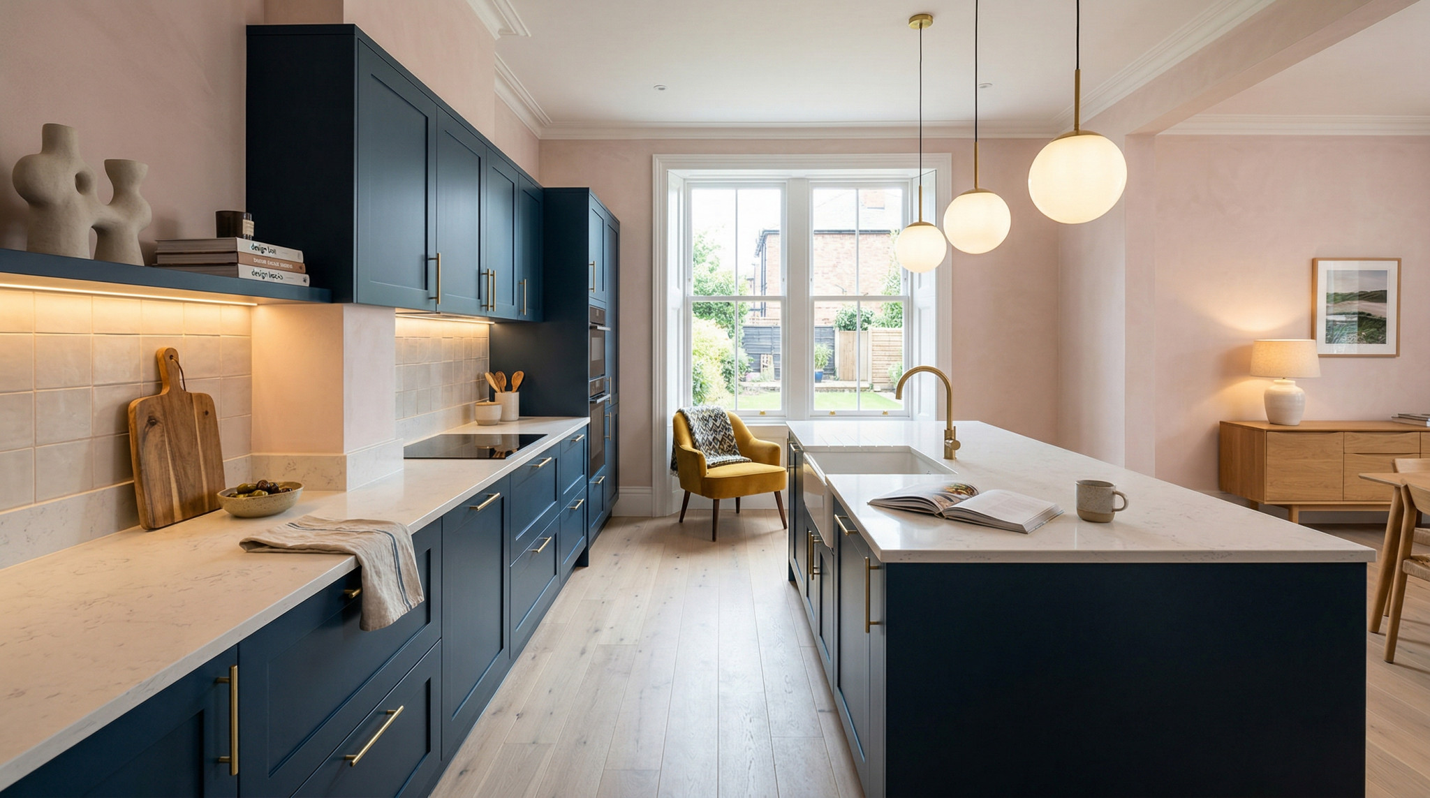 Wide view of a newly completed bespoke Mastercraft kitchen, contemporary in-frame cabinetry in cannon black tones