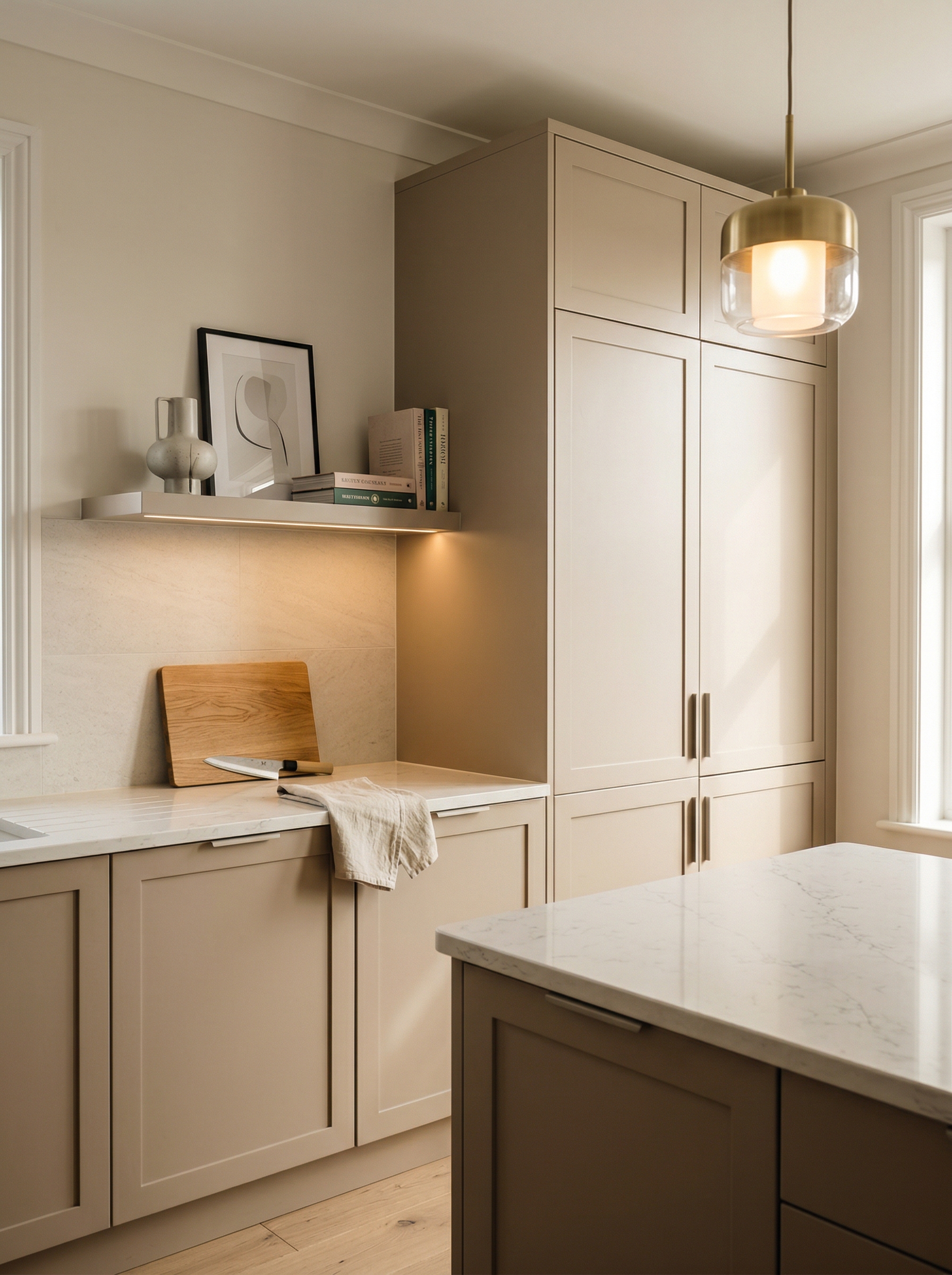 Tall view of full-height bespoke kitchen cabinetry, contemporary in-frame cabinetry
