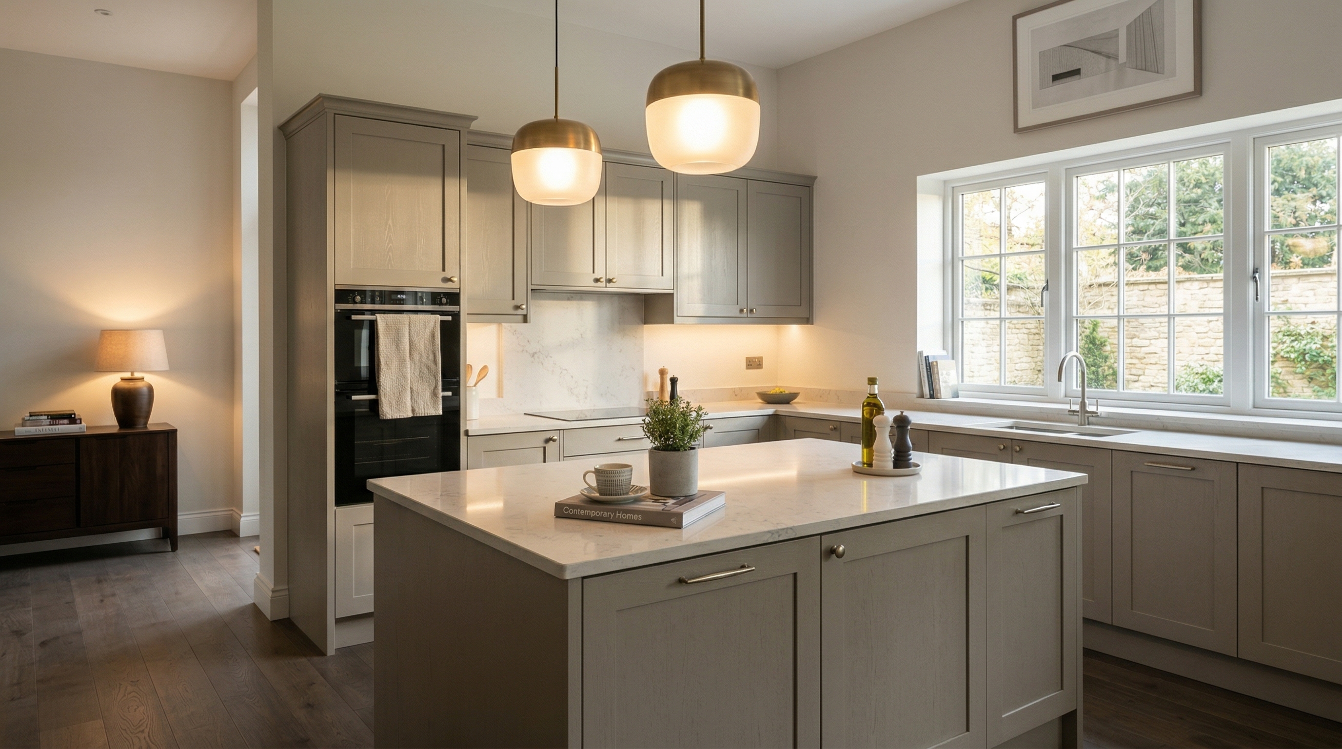 Wide view of a newly completed bespoke Mastercraft kitchen, contemporary painted lay-on cabinetry in porcelain tones