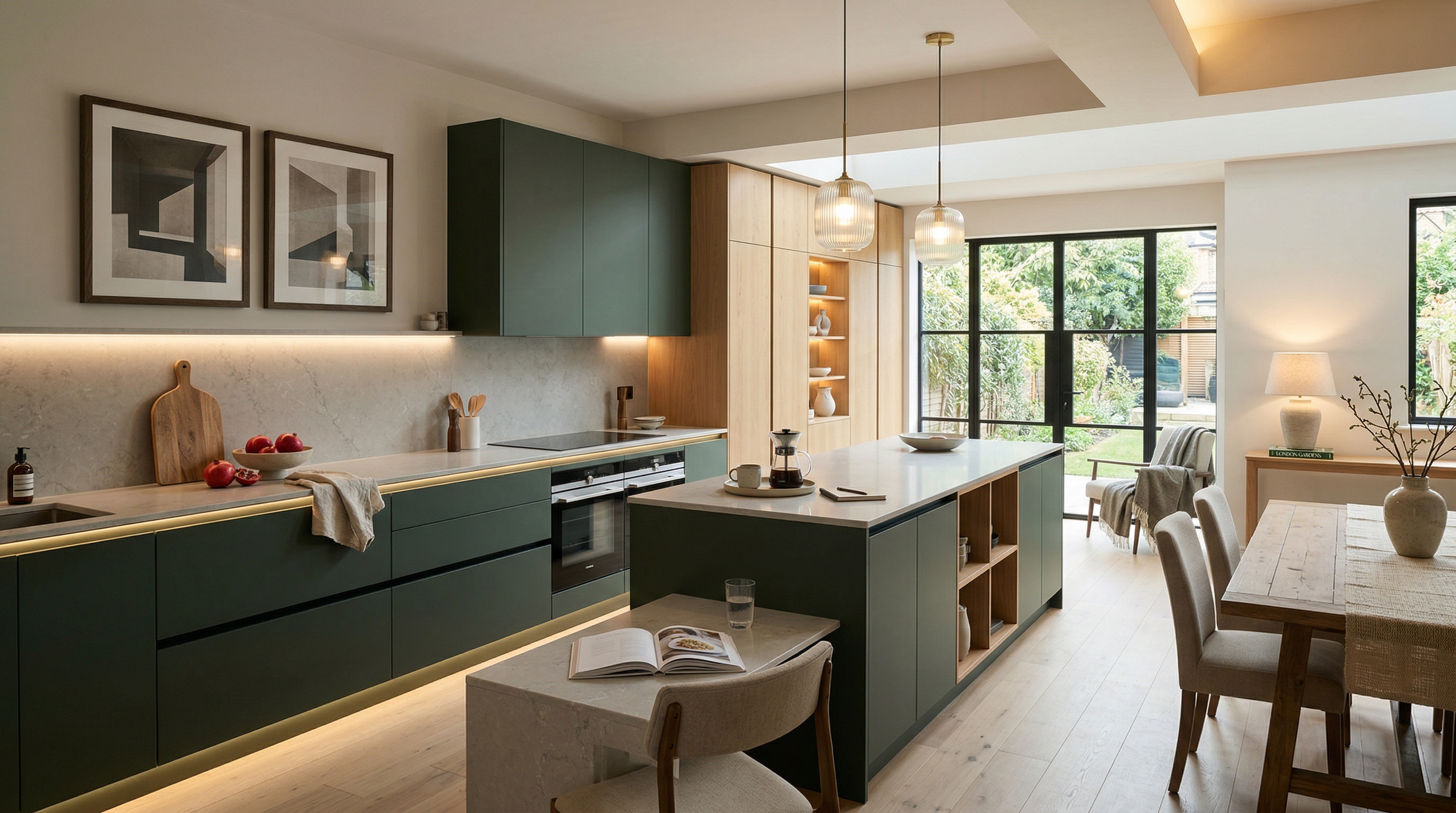 Mastercraft bespoke kitchen in Wimbledon, wide architectural view showing room volume and design quality