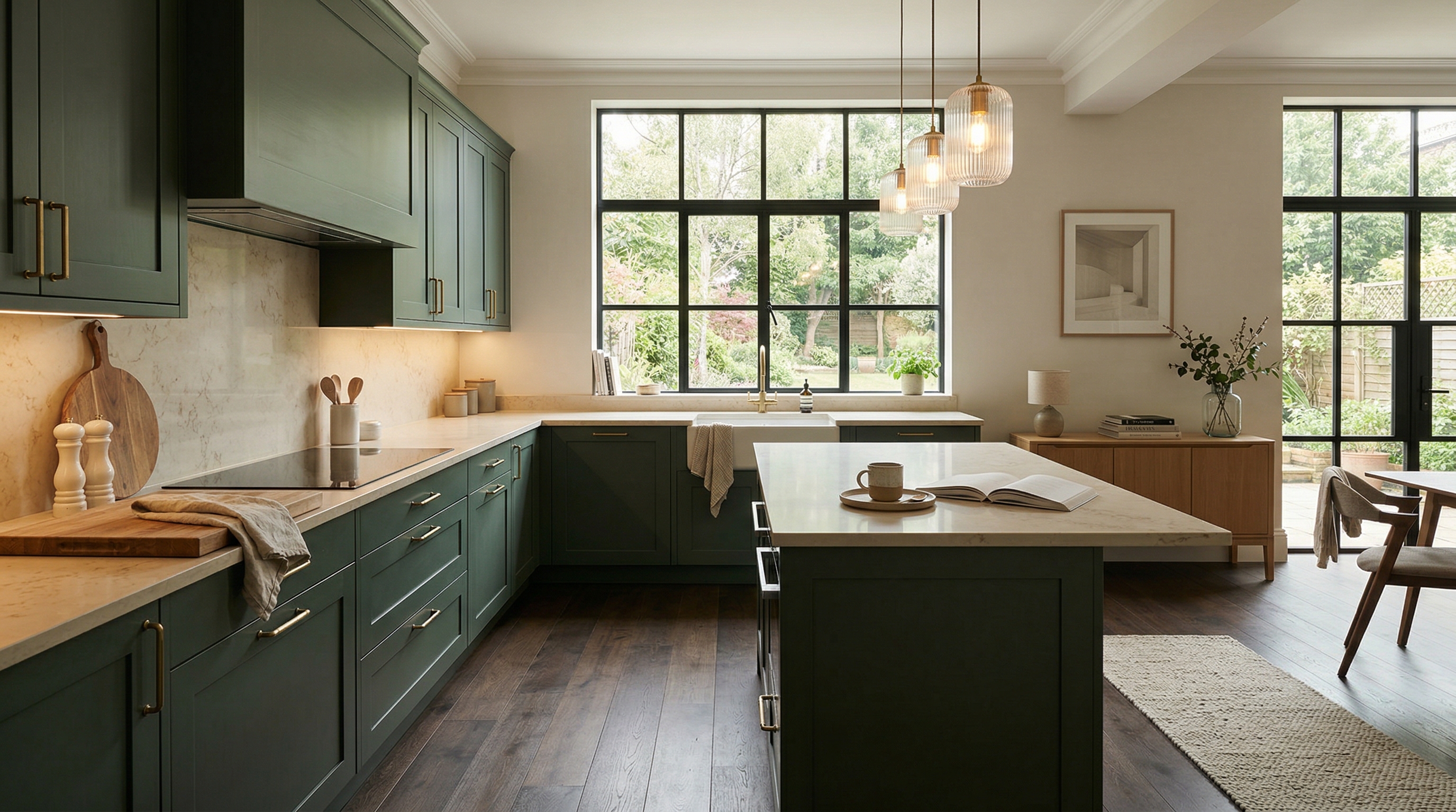 hero_1200x675 Wide view of a newly completed bespoke Mastercraft kitchen, contemporary in-frame cabinetry in gunmetal grey tones
