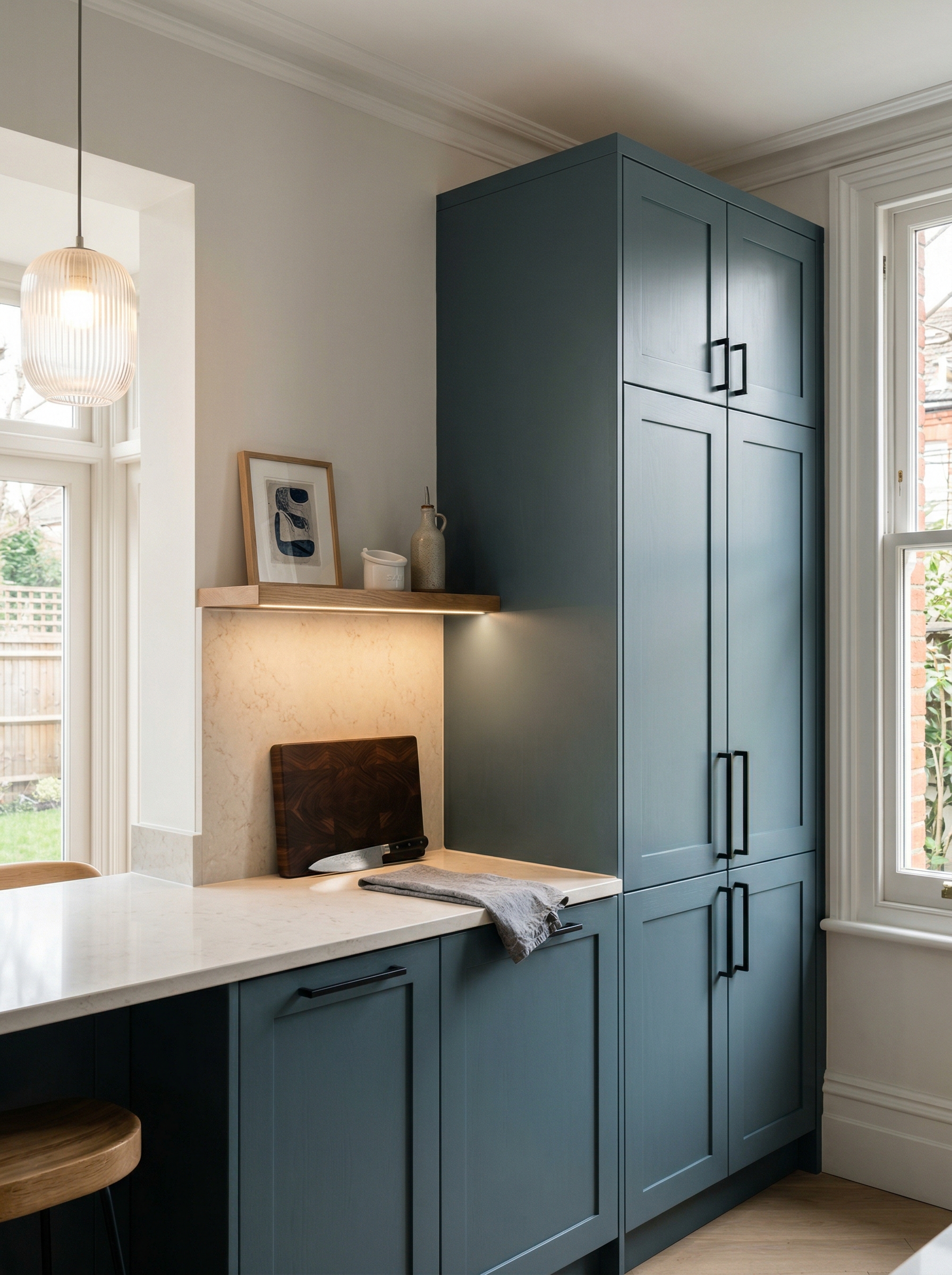 Tall view of full-height bespoke kitchen cabinetry, contemporary in-frame cabinetry