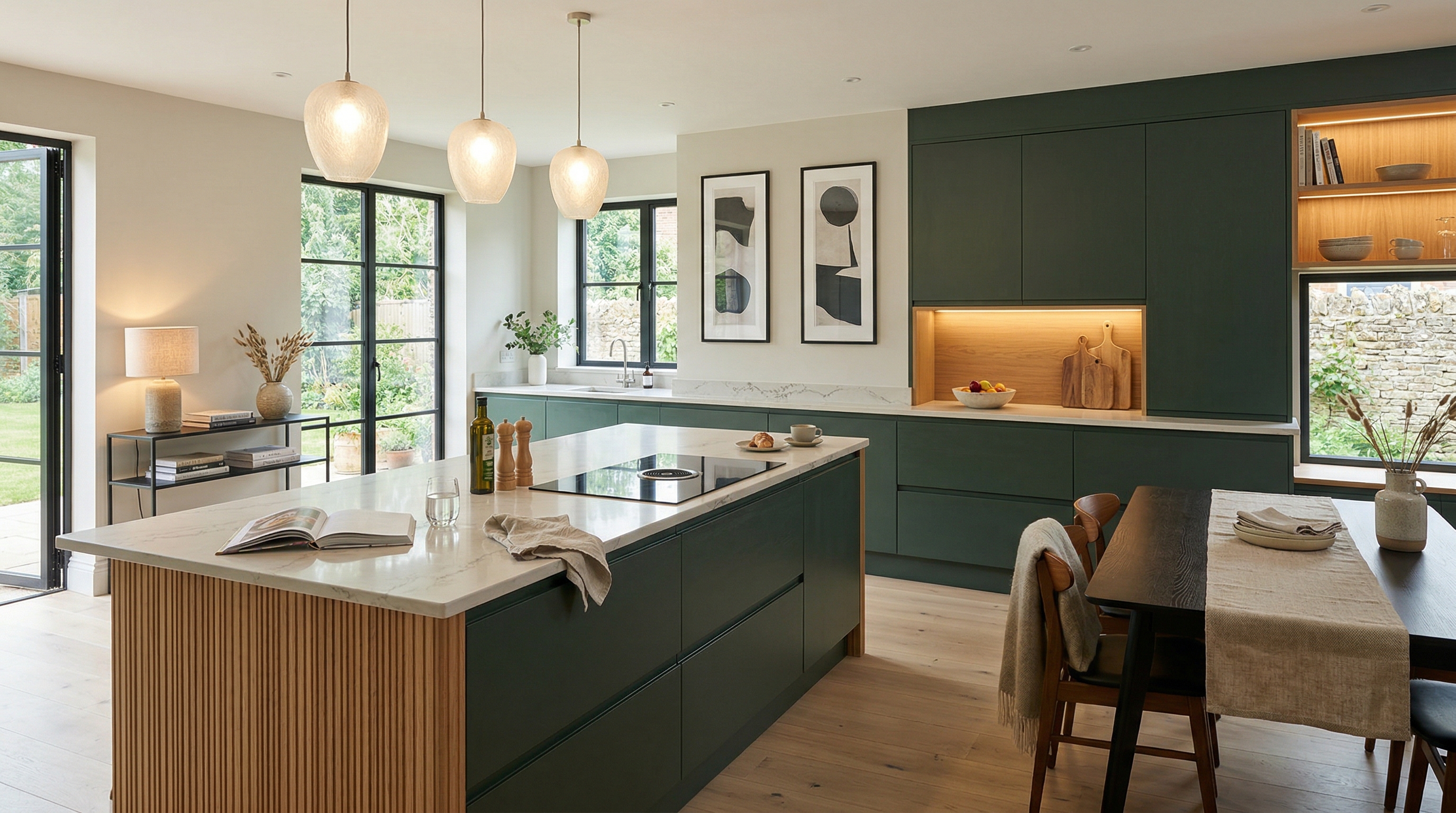 Mastercraft bespoke kitchen in Wimborne, wide architectural view showing room volume and design quality