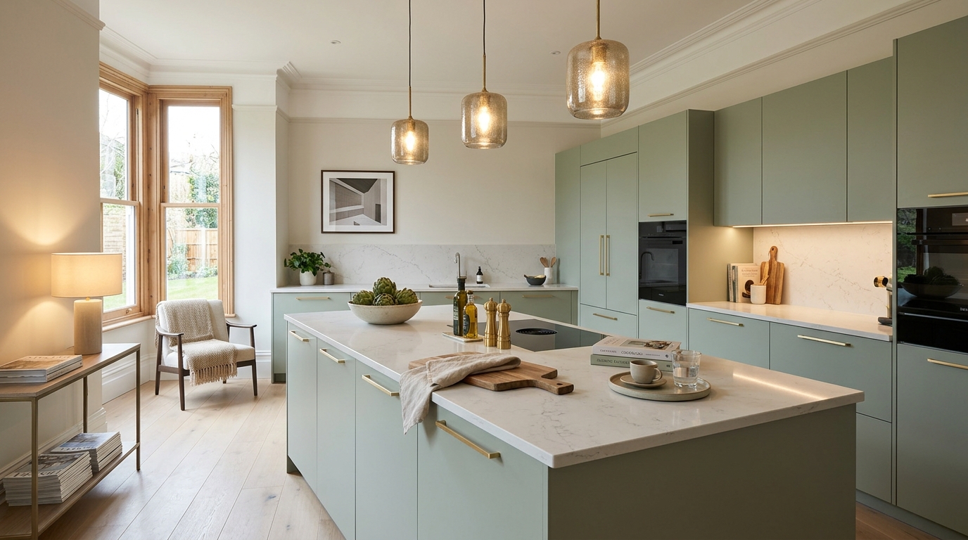 hero_1200x675 Wide view of a newly completed bespoke Mastercraft kitchen, matt painted handleless slab cabinetry in viridian tones