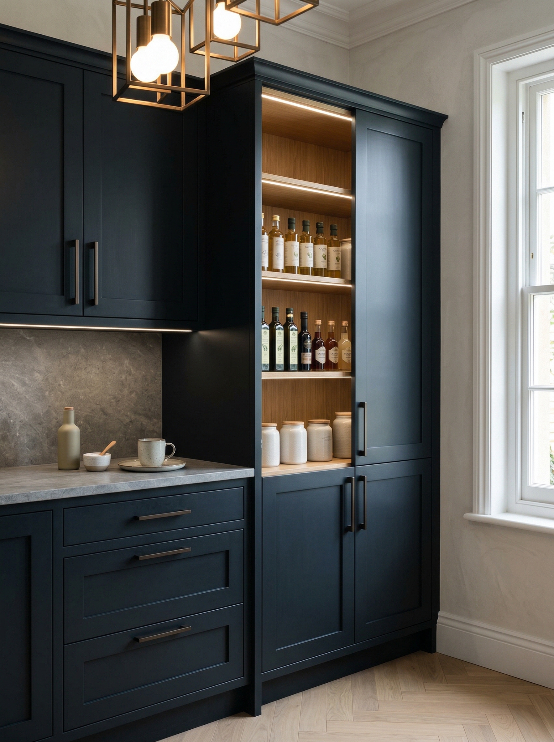 Bespoke kitchen installation, full-height cabinetry and considered storage design