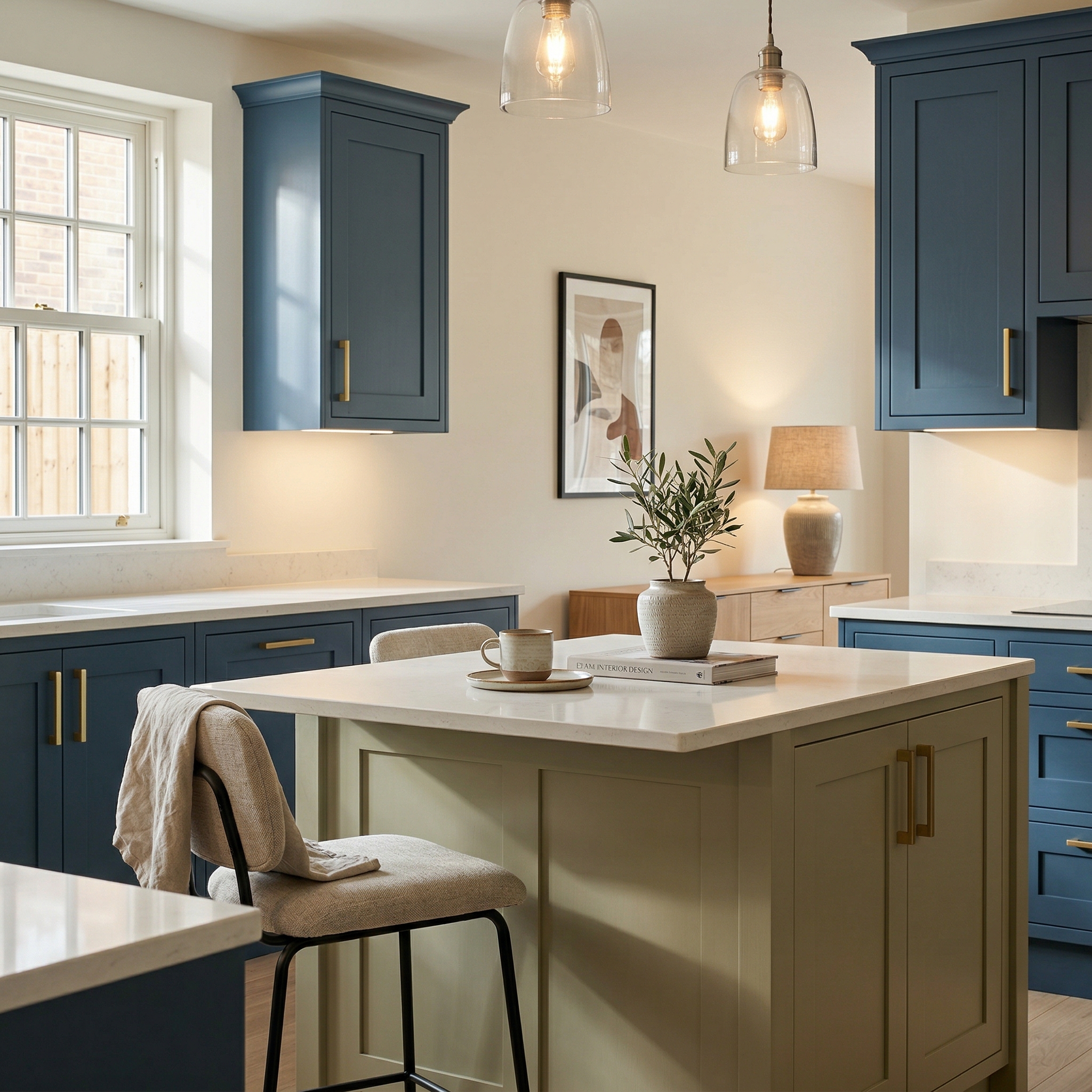 Bespoke kitchen island detail, matt painted handleless slab cabinetry with quality joinery