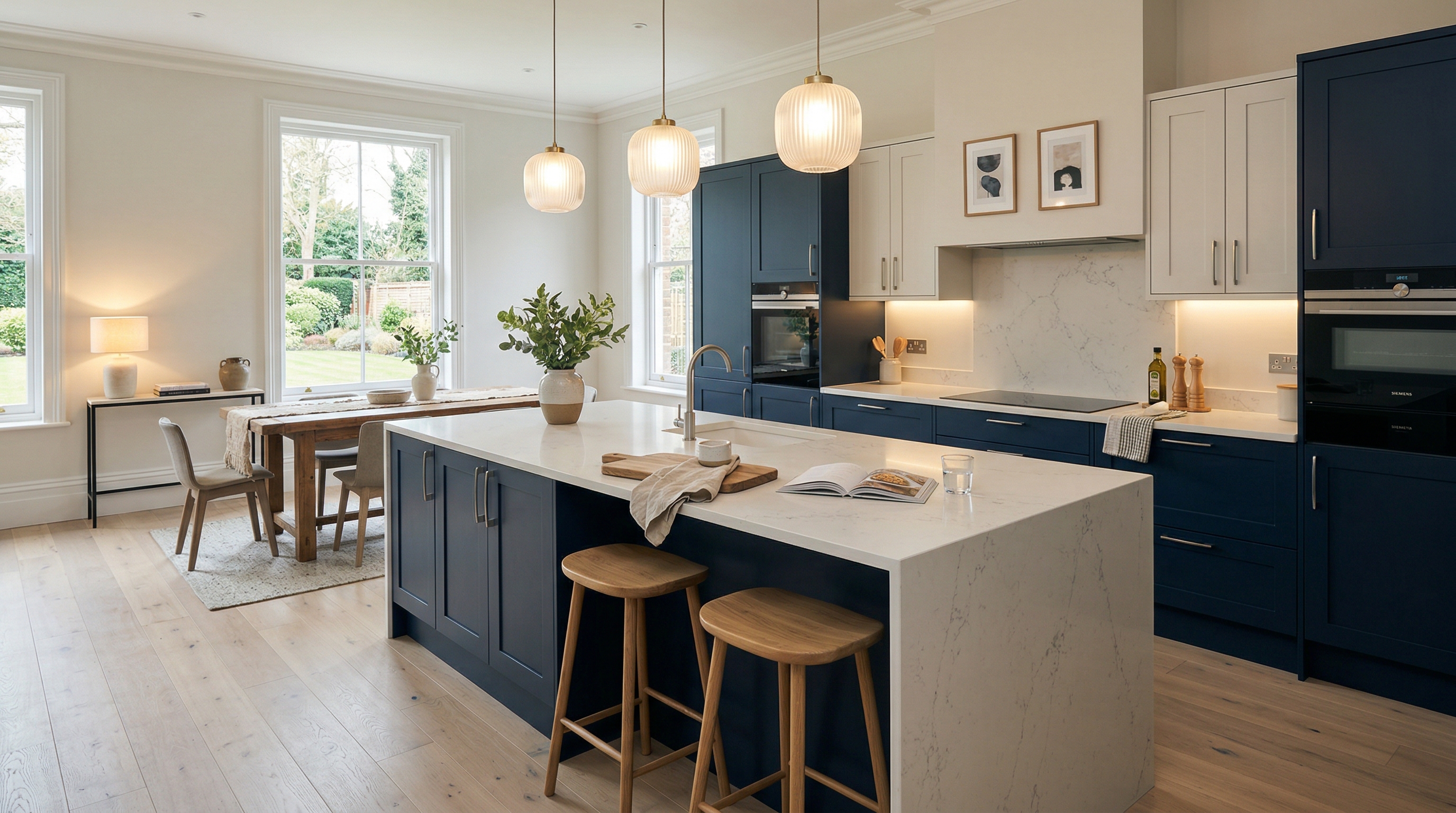 hero_1200x675 Wide view of a newly completed bespoke Mastercraft kitchen, matt painted handleless slab cabinetry in marine tones